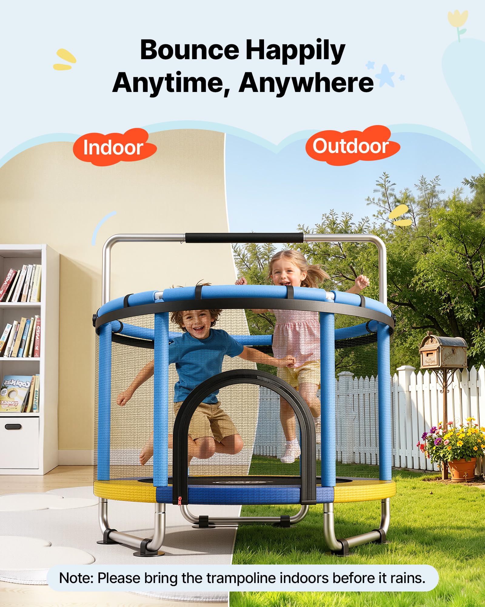 VEVOR Trampolino Elastico per Bambini Carico 60kg con Rete di Protezione, Mini Trampolino Tappeto Elastico Integrato in PVC per Rimbalzo Manubrio a 3 Livelli Rete di Protezione per Bambini 3-12 Anni