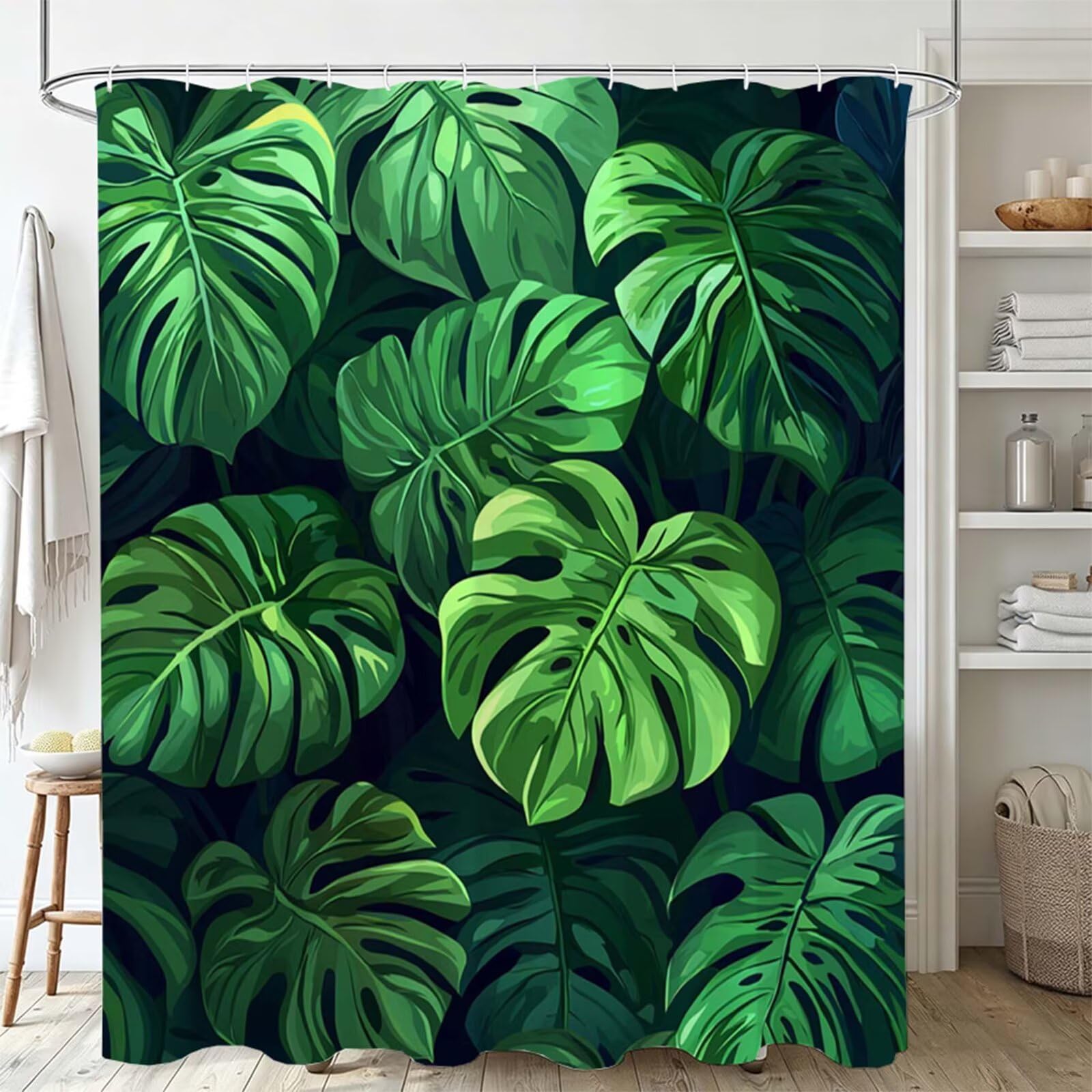 Verde smeraldo Tenda Doccia 240x200cm, Tenda per Doccia Tessuto Poliestere Impermeabile Asciugatura Rapida con 12 Anelli, Tende Finestra Bagno e Vasca Pieghevole Shower Curtain Piante tropicali J-588