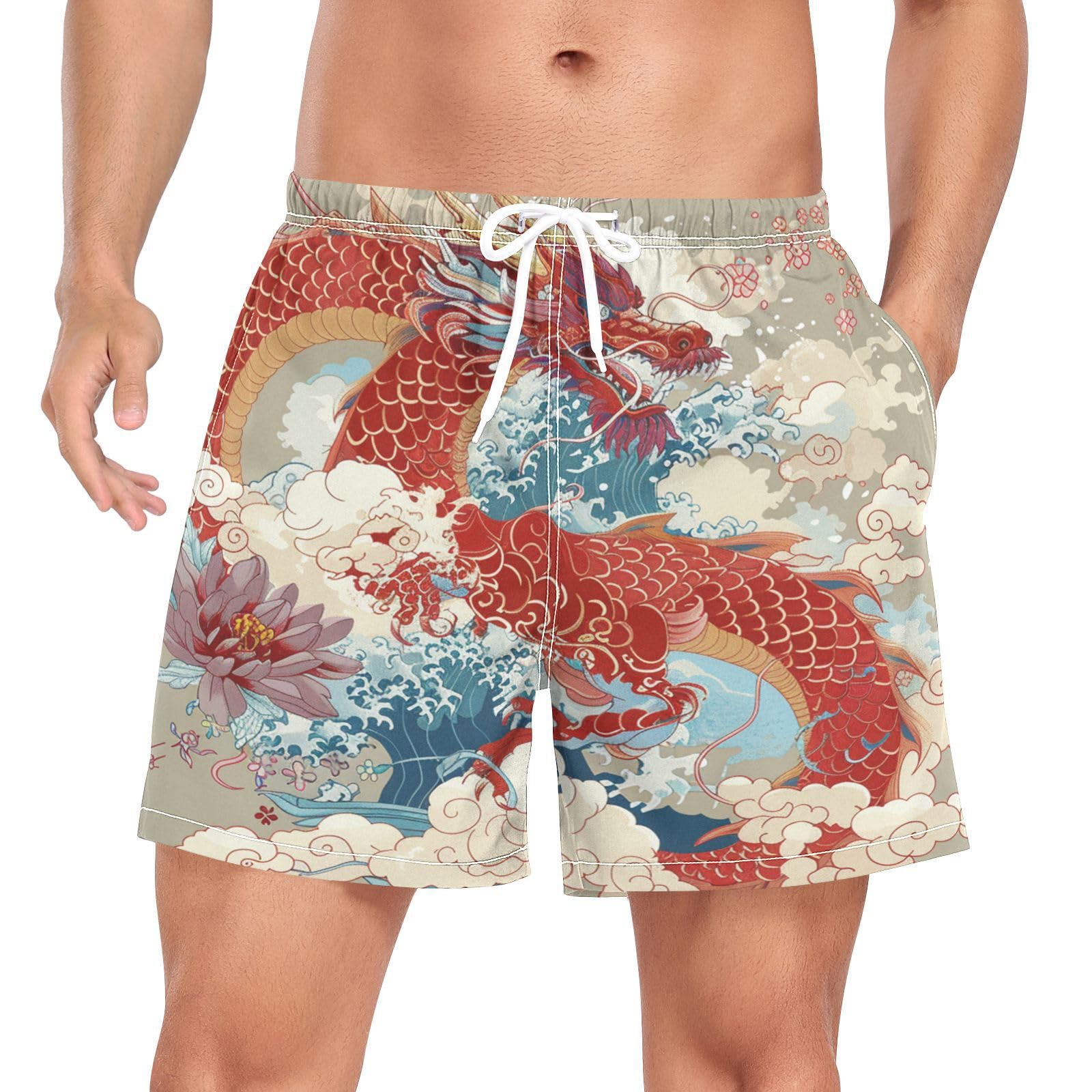 Wzzzsun Red Chinese Cloud Dragon Mens Swimming Trunks Shorts with Compression Liner Stretchy