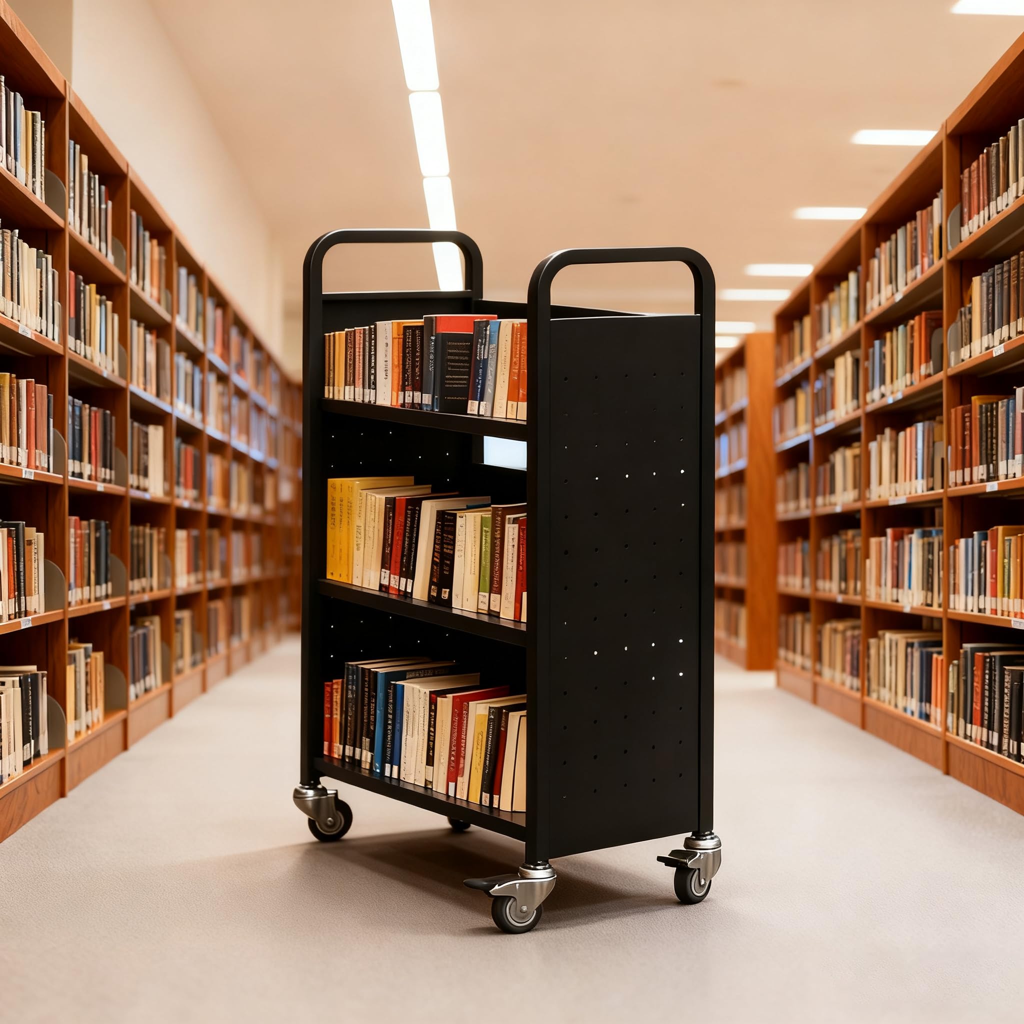 25HSERVICE Library Book Carts with Wheels, 4-Wheel Rolling Black Library Book Cart, 3 Shelves Rolling Bookcase Book Storage for Office Furniture