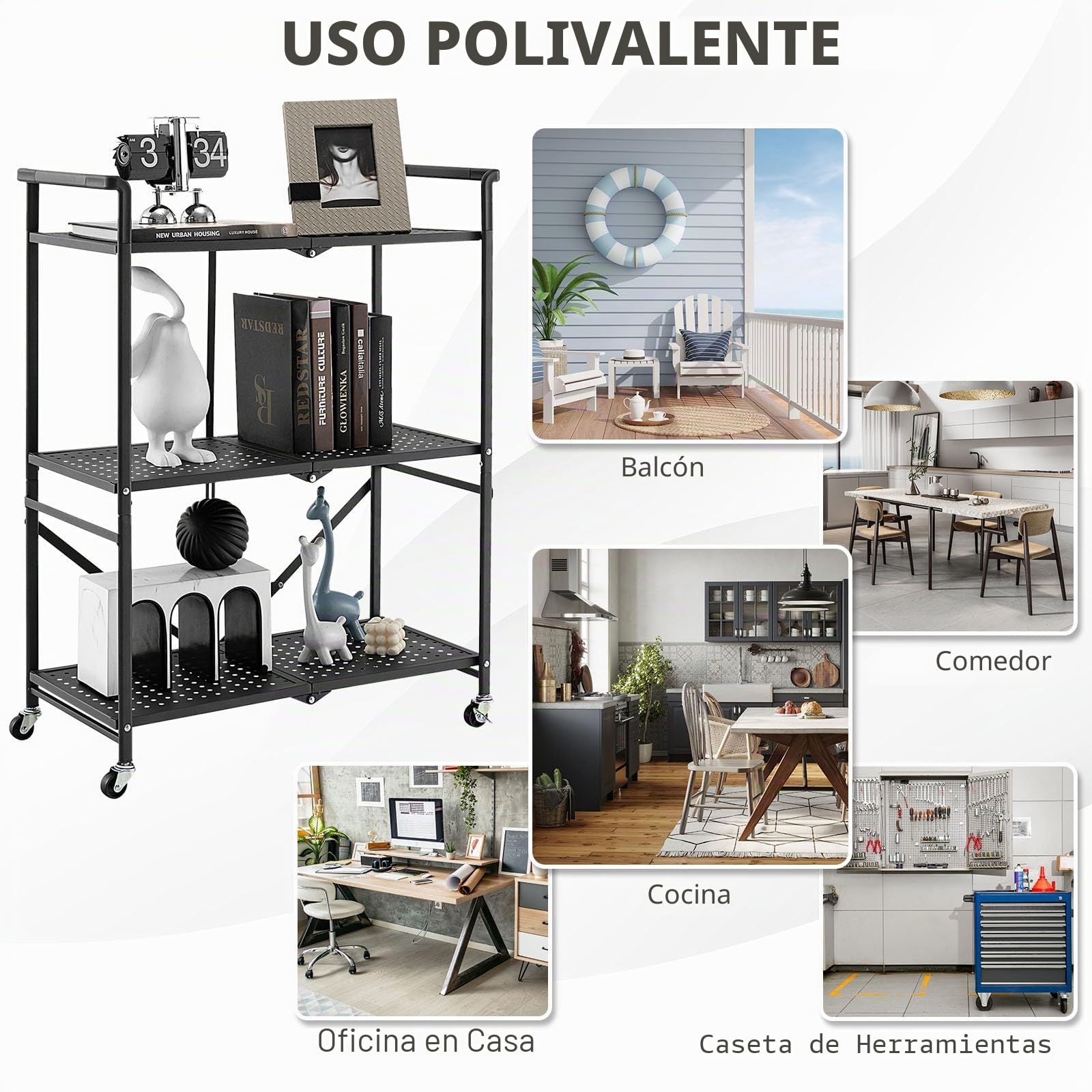 GOPLUS - Carro plegable con ruedas de 3 niveles, con asa práctica, ahorro de espacio para garaje, cocina, hogar, oficina y almacén