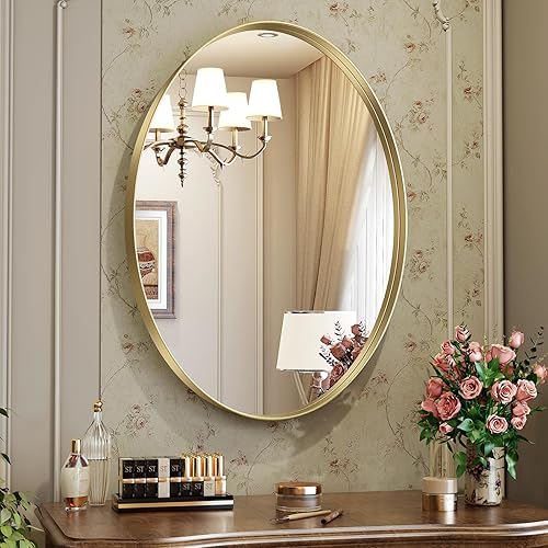 Brightify Espejo ovalado dorado para baño de 22 x 30 pulgadas, espejo ovalado de metal dorado, espejo de pared moderno para dormitorio, sala de