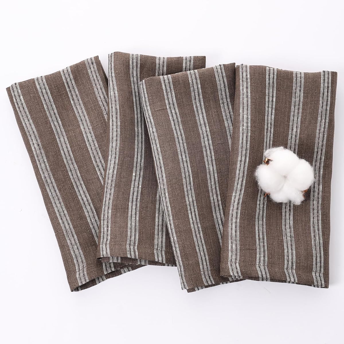 Servilletas de tela de lino a rayas de 20.0 x 20.0 in, 100% lino natural, juego de 4, reutilizables y lavables para decoración de comedor diario, vacaciones, color blanco ceniza de café