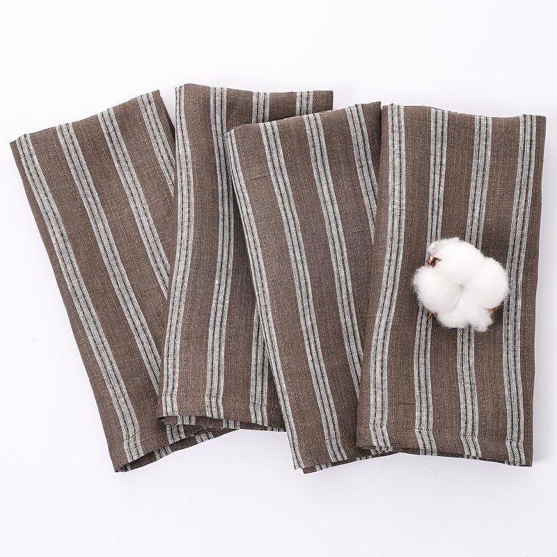 Servilletas de tela de lino a rayas de 20.0 x 20.0 in, 100% lino natural, juego de 4, reutilizables y lavables para decoración de comedor diario, vacaciones, color blanco ceniza de café
