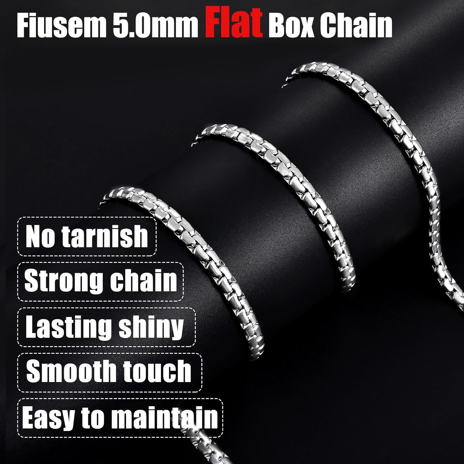 Fiusem Flat Box Chains for Men, 2.5/3/4/4.5/5mm Silver Tone Box Chain Necklace, Stainless Steel Necklaces for Men and Women 16-28 Inches, Jewelry Gift - Image 4