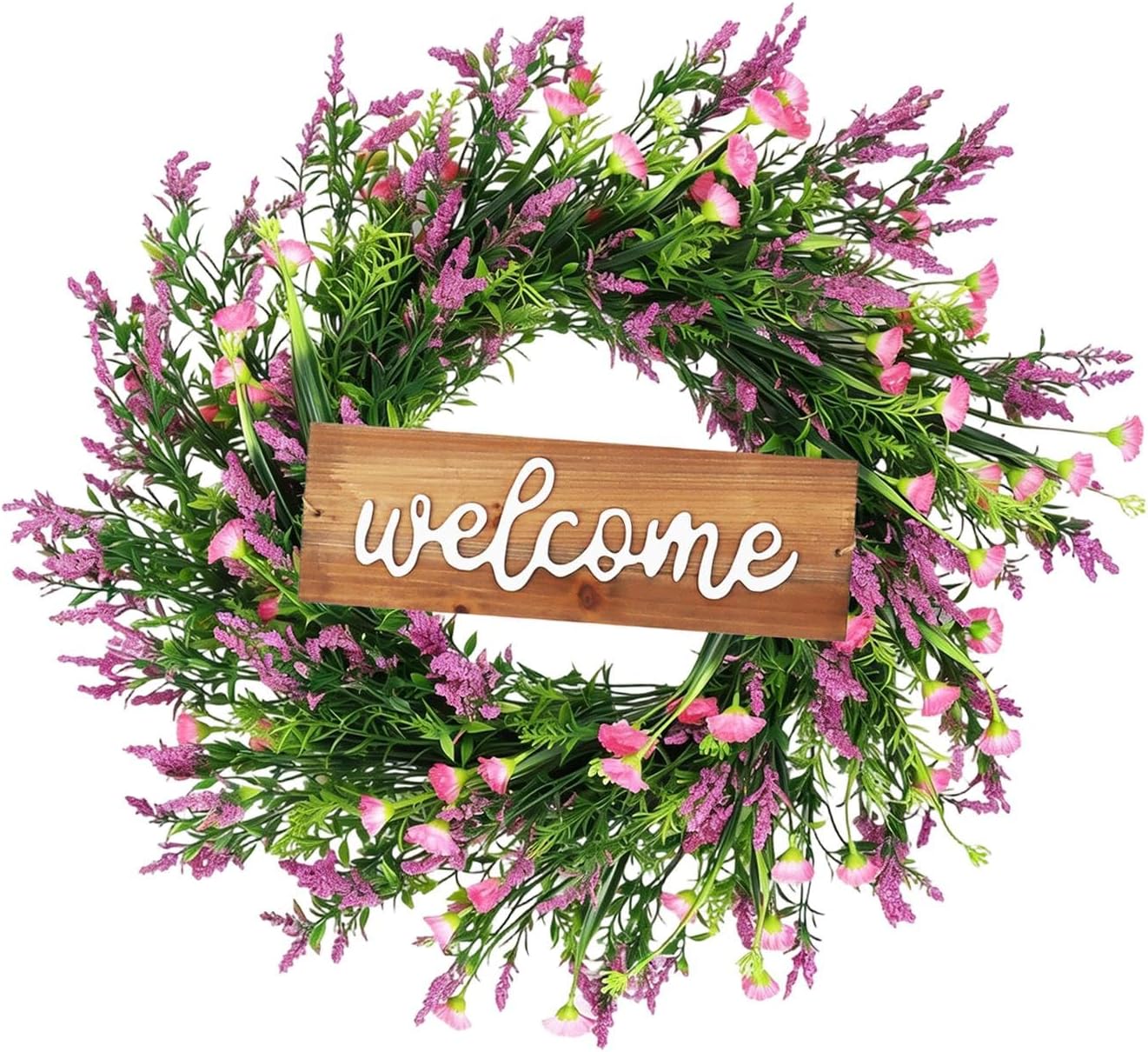 Summer Wreath Decorative Lavender Garland Artificial Greenery Wooden Letter Sign Flower Hanging for Home Suitable for Window Fireplace Party, Pink
