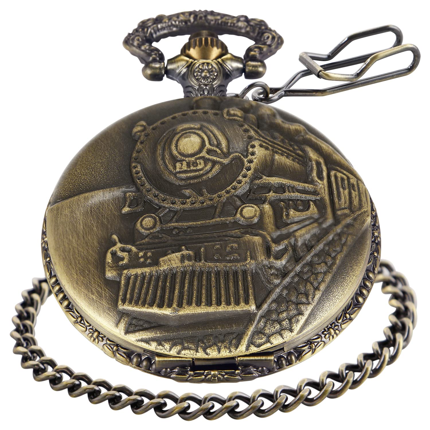 Realpoo Quartz Left Locomotive Bronze Pocket Watch for Men, Arabic Numerals White Dial, with Chain