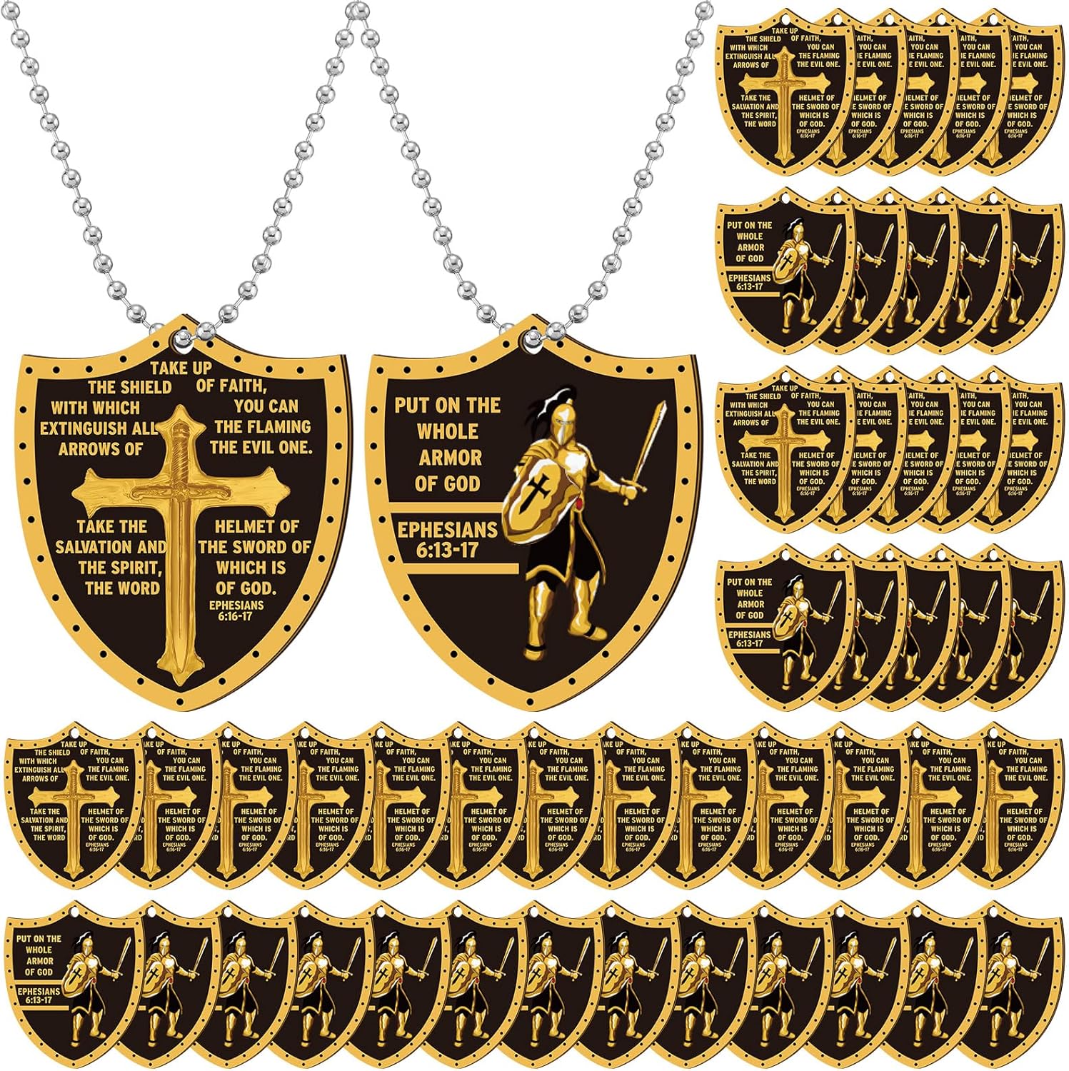 Sureio 48 Pcs Put on The Whole Armor Dog Tag Independence Day Christian Necklaces Gifts Bulk Inspirational Prayer Military Knight Dog Tag Necklace Pendant for Men Father's Day Favor Gift