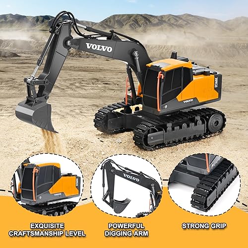 Miniatura 3 de DOUBLE E Volvo Excavadora RC Excavadora de control remoto de juguete para niños, vehículos de construcción de función completa, juguetes con pala