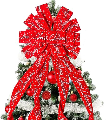 Vista 26 de Decoración para árbol de Navidad, lazo de corona de Navidad, 45 x 12 pulgadas, arpillera grande con borde de poliéster blanco y rojo, lazo de regalo
