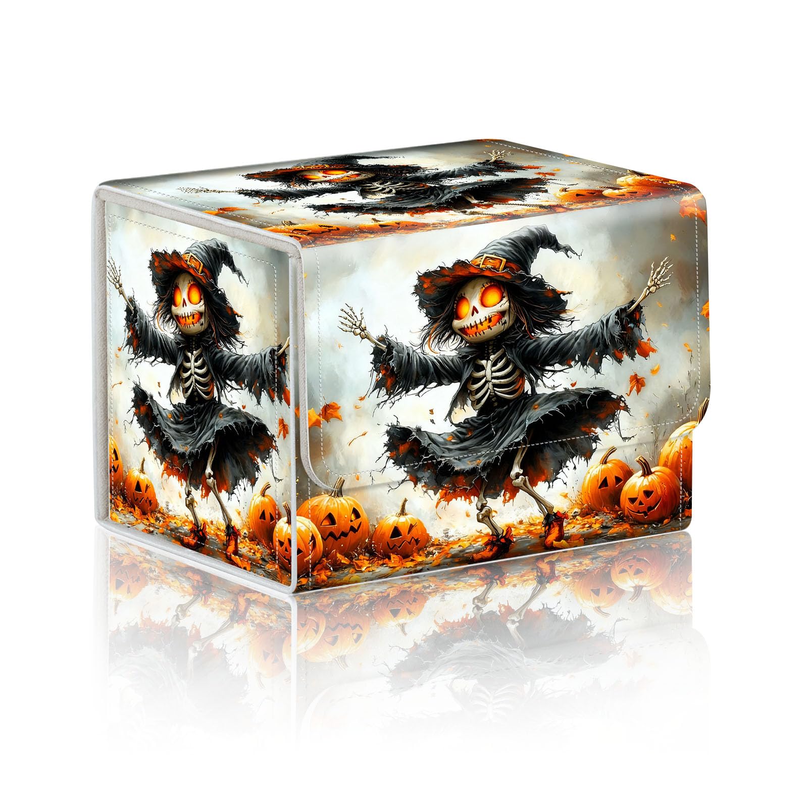 DISUOFEART Trading Card Storage Box, Holds 100+ for MTG Cards, PU Leather with Magnetic Closure, Skull Witch with Pumpkins Durable Deck Box for Magic the Gathering, Trading Card Games