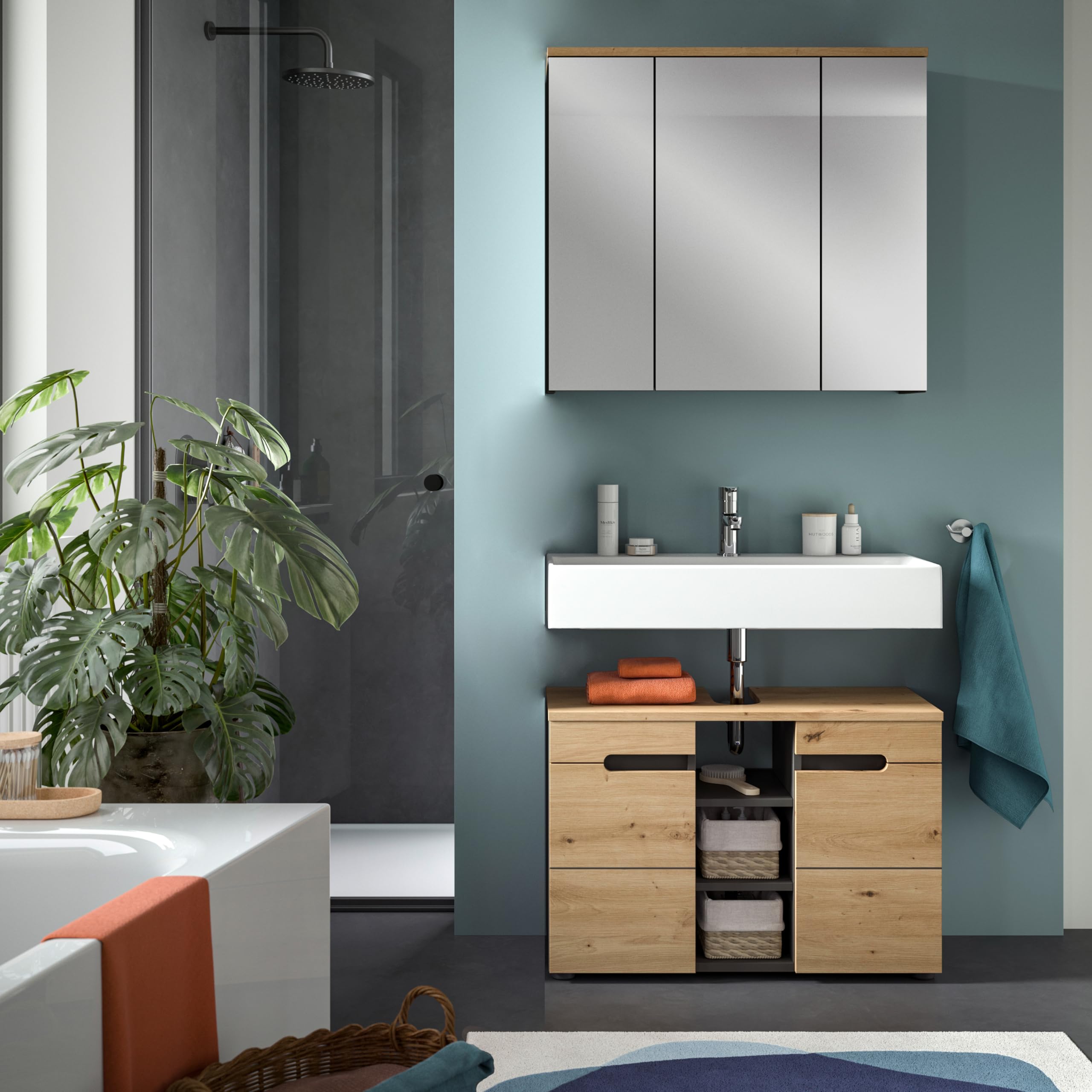 xonox.home Armario de baño con Espejo Canu con Espejo, Color Gris basalto, Color Roble Artisan NB, Aprox. 80 x 73 x 21 cm