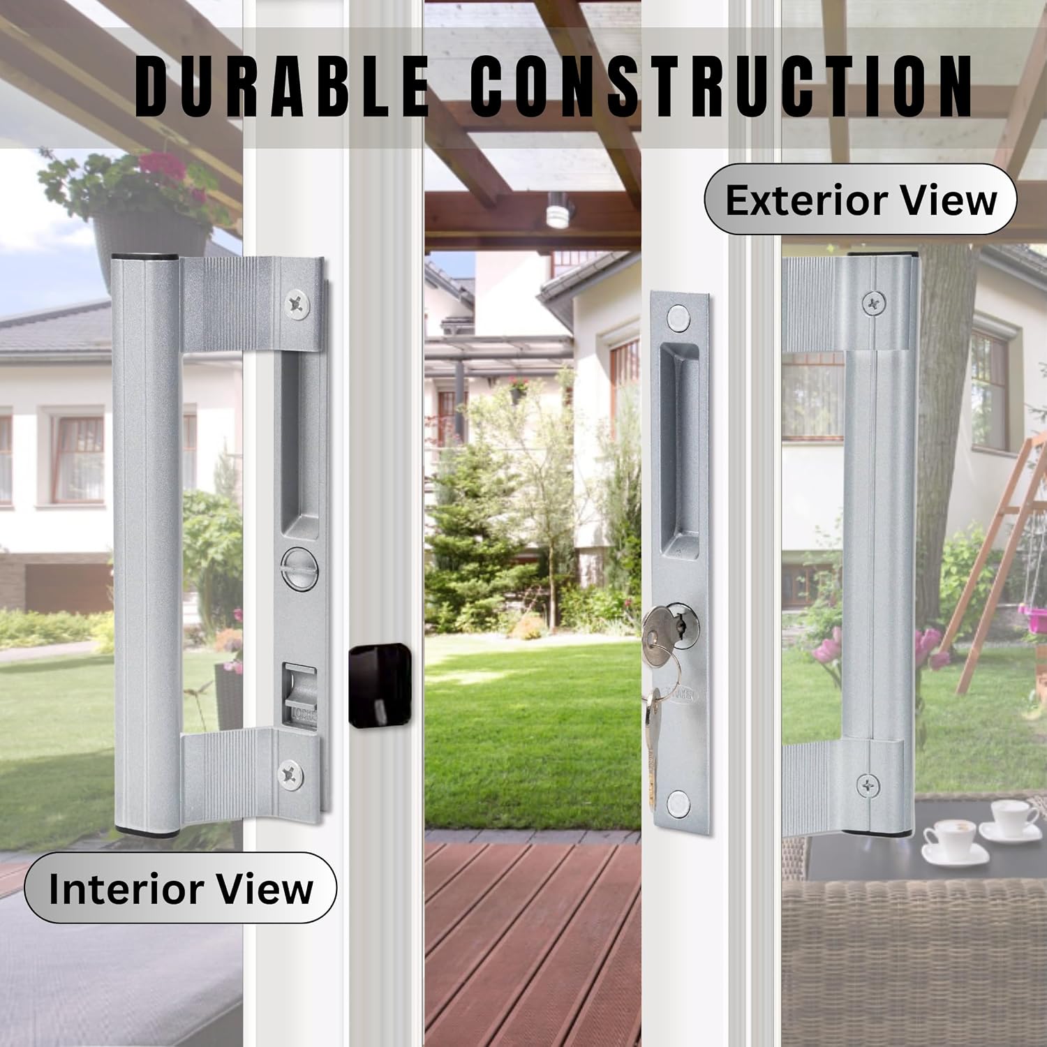 Sliding Glass Door Handle Set with Lock – Aluminum Handle, Fits 6-5/8 in. Hole Spacing (Silver)
