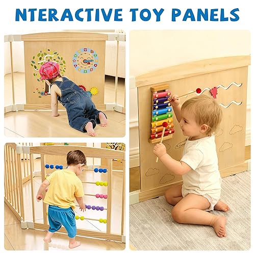 Miniatura 3 de Corralito de madera para bebés y niños pequeños, corralito plegable con puerta de bloqueo, tamaño y forma ajustables, patio de juegos para niños, 8