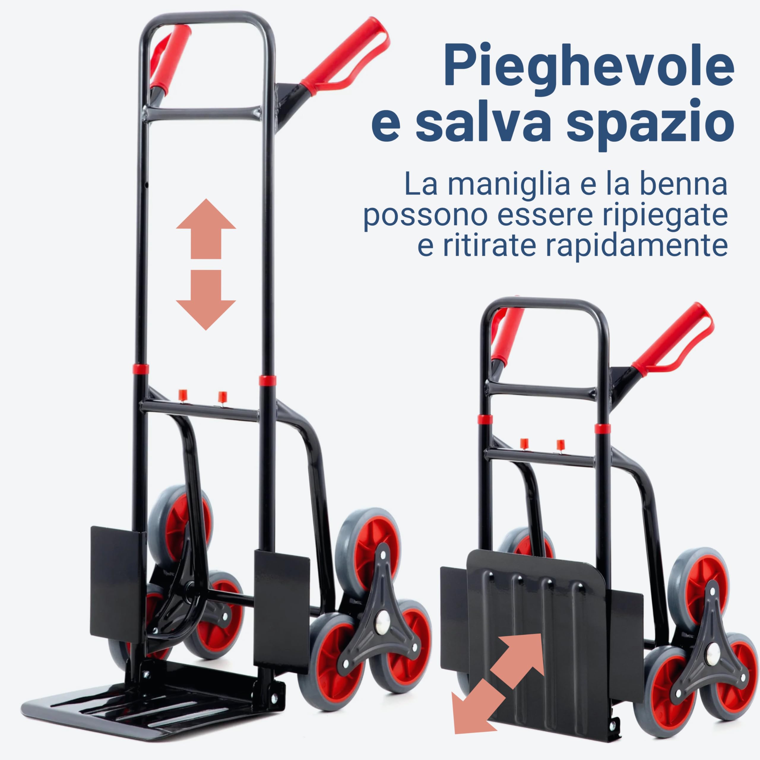 Pallit Carrello per Scale 3 Ruote Portapacchi Pieghevole - Portata 120 kg, Struttura in Acciaio, Impugnatura Ergonomica, Pala 290x300 mm DIABLO-FS