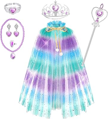 Fedio Princess Cape Set 7 Pieces Girls Princess Cloak with Tiara Crown, Wand for Little Girls Dress up (Multi-color)