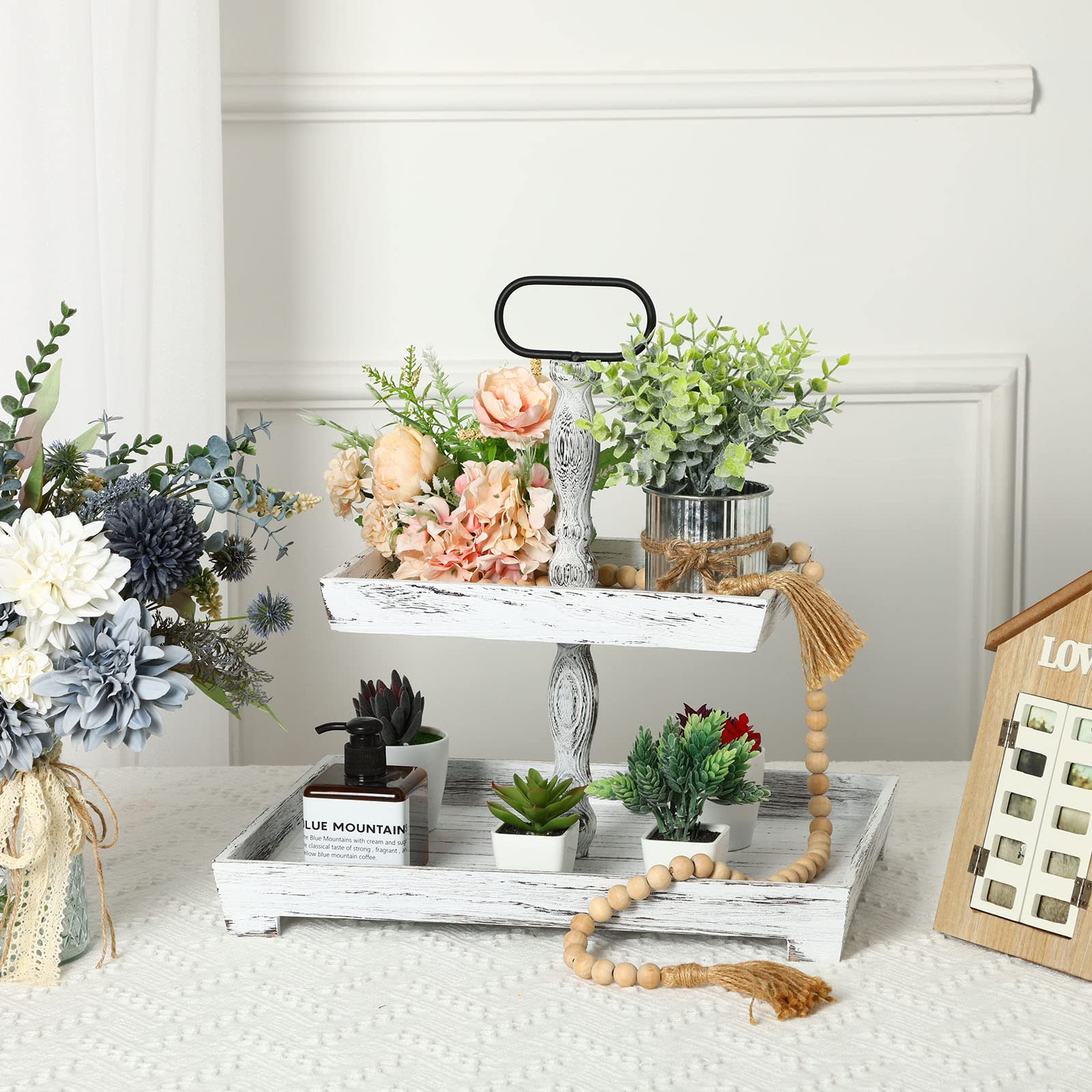 YGEOMER White Tiered Tray Stand Farmhouse Decor Wood Two Tier Tray for Farmhouse Kitchen Coffee Macaron Cakes Dessert