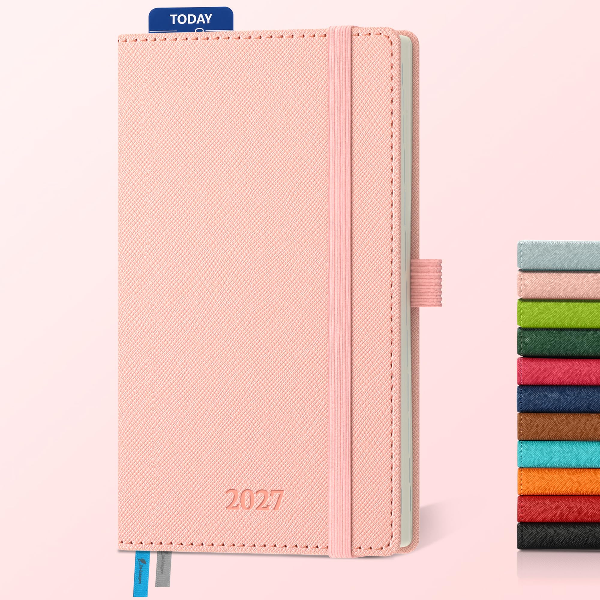 IN-LUXPRO Kalender 2027 Buchkalender Horizontal PU-Einband 1 Woche 2 Seiten | 12-Monate Wochenplaner (Jan bis Dez 2027) in A6 16,4x9,5CM, mit Stiftschlaufe, abreißbaren Ecken, Monatsregister, Pink