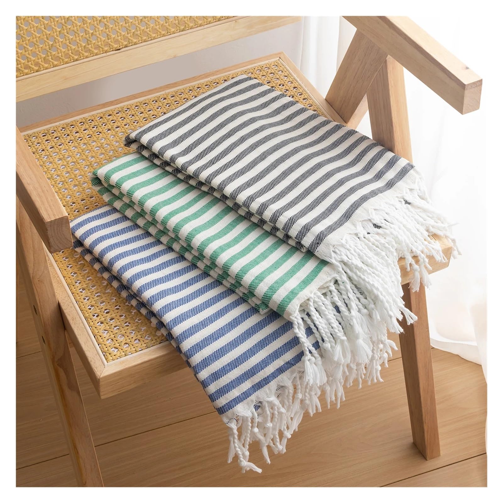 Toalla de playa a rayas, de algodón turco, 90 x 180 cm, toalla de baño con flecos, para sauna, gimnasio, fitness, suave absorbente, secado rápido, azul