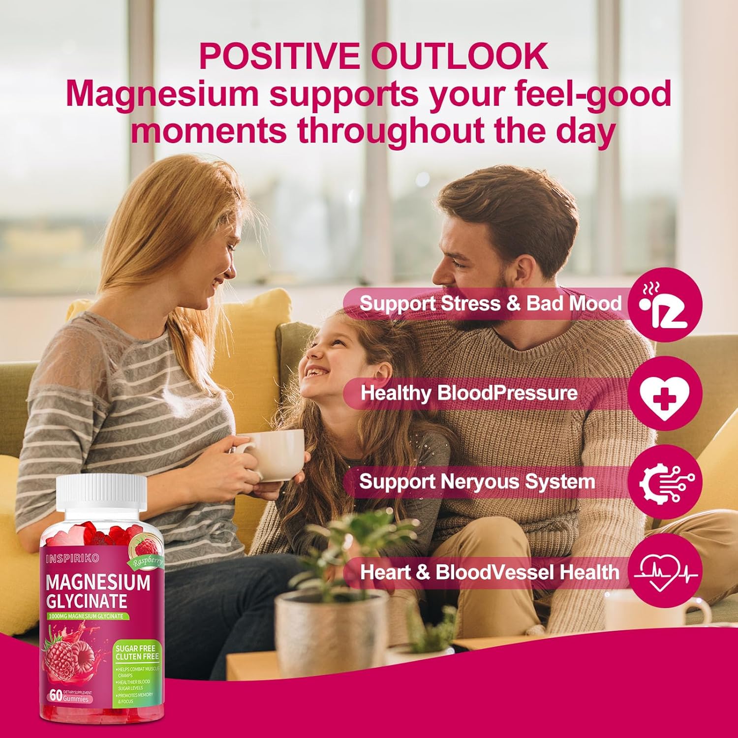 Magnesium Glycinate Gummies 1000mg - Sugar-Free Magnesium Potassium Supplement with Vitamin D, B6, CoQ10 for Adults & Kids,High Absorption for Calm Mood & Sleep Support - 60 Raspberry Gummies - Image 7