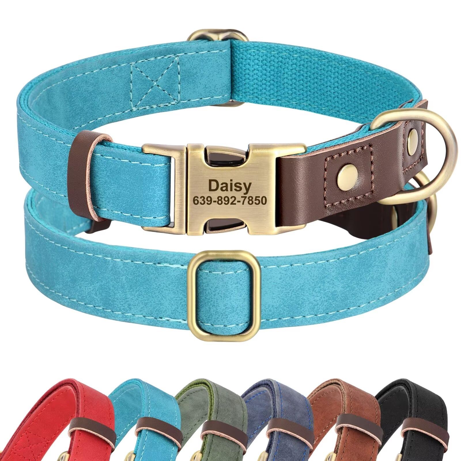 Didog Personalised PU Leather Dog Collar, Soft Durable Custom Dog Collars, Adjustable Dog Collar with Name Plate and Quick Released Metal Buckle for Small Medium Large Dogs, Light Blue, S โ image 1