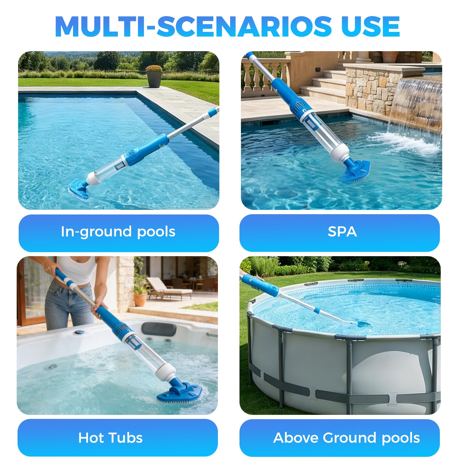 Aspirateur de Piscine sans Fil, 3 en 1 Nettoyeur Électrique à Batterie Rechargeable, Autonomie 70 Min, Aspirateur Piscine pour Spa, Bain à Remous, Piscine Hors-Sol et Enterrée, Bleu