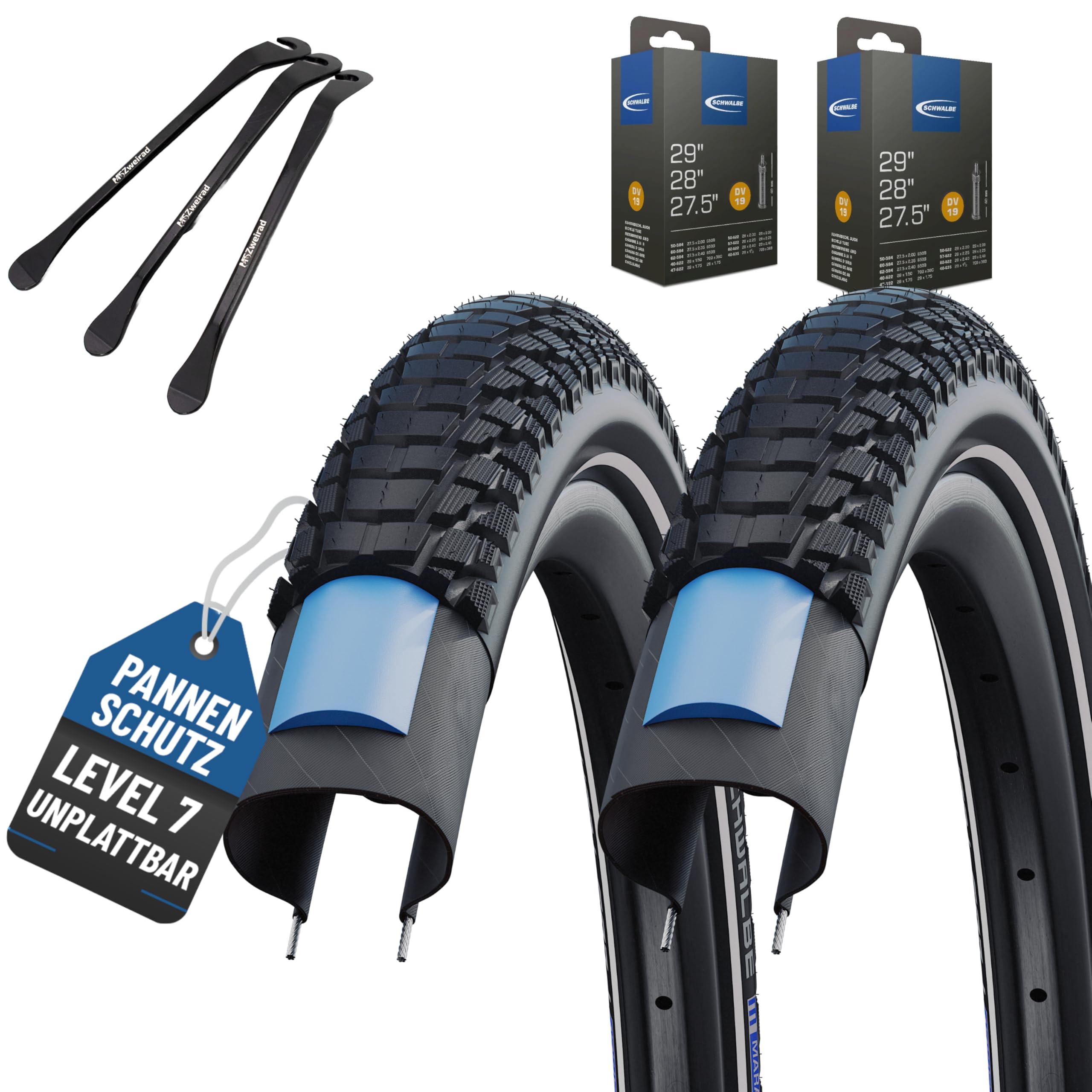 2er Set Schwalbe Fahrradreifen Marathon Plus Tour 2022 28 Zoll (47-622) Reflex AV DV SV Schlauch + 3 Reifenheber E Bike (28x1,75 Zoll (47-622), DV-Ventil Schläuche)