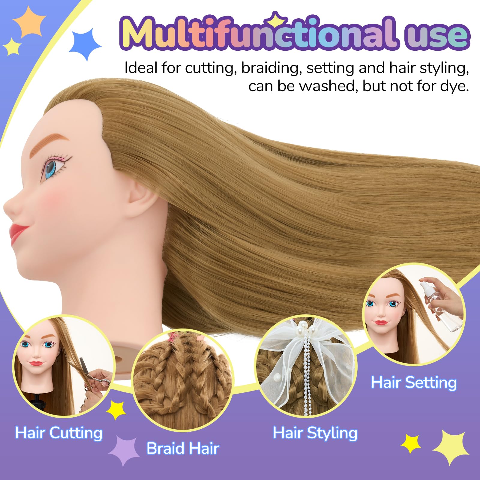 Frisierkopf mit Übungskopf ständer,Frisierkopf Echthaar 100% Synthetisches Haar Puppenkopf zum Frisieren Trainingsköpfe für Friseure Ausbildung Kopf Mit Halter + DIY Haare Set(Blond)