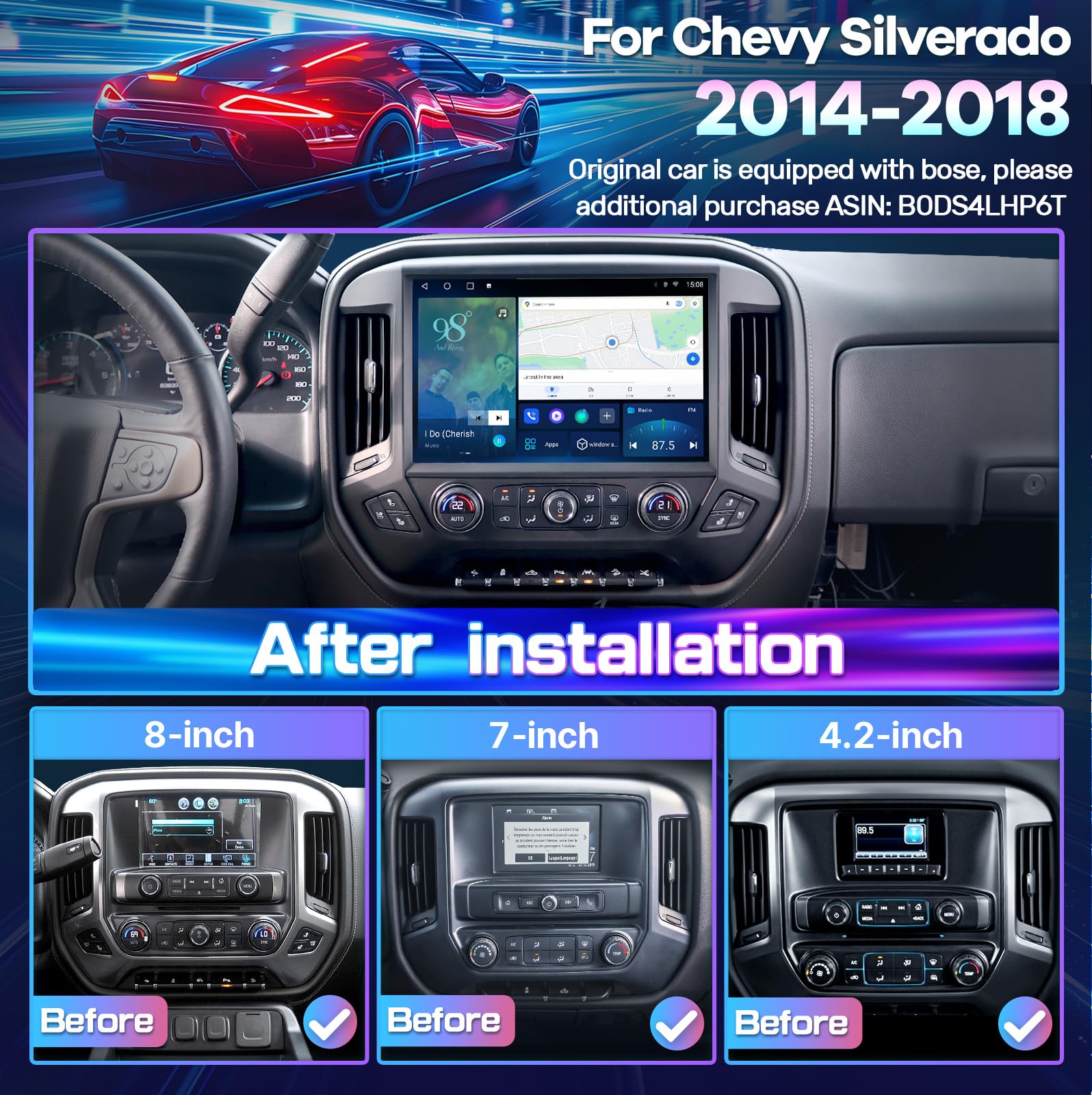 LASERTAIL 13.1 Inch Car Radio for Chevy Silverado Sierra 2014-2018 Upgrade 8 Core Silverado Touch Screen Head Unit Car Stereo Wireless Carplay Android Auto 5Ghz WiFi SWC GPS AHD Backup Camera 4+64GB