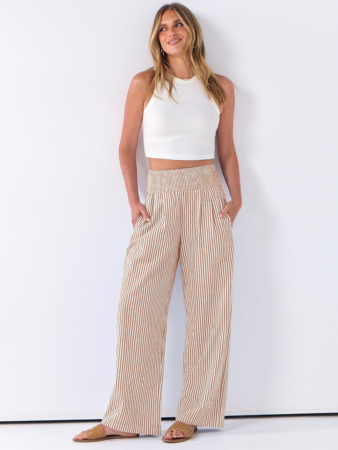 ANRABESS Womens Striped Gingham Palazzo Pants | Wide Leg Smocked High Waisted Pajama Pants, Lounge & Casual, Summer Fall Cute Pants with Pockets