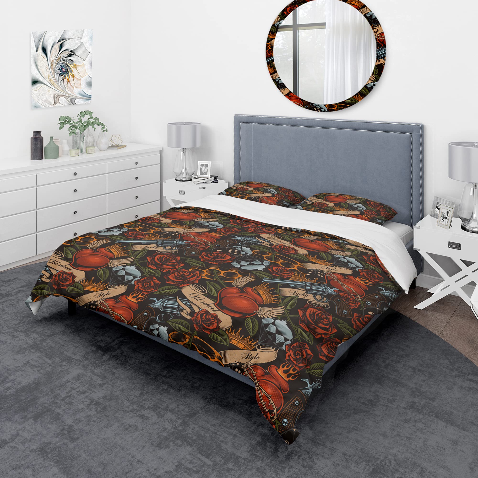 Housse de Couette Motif Floral Old School Tattoo Imprimé Graphique Noir