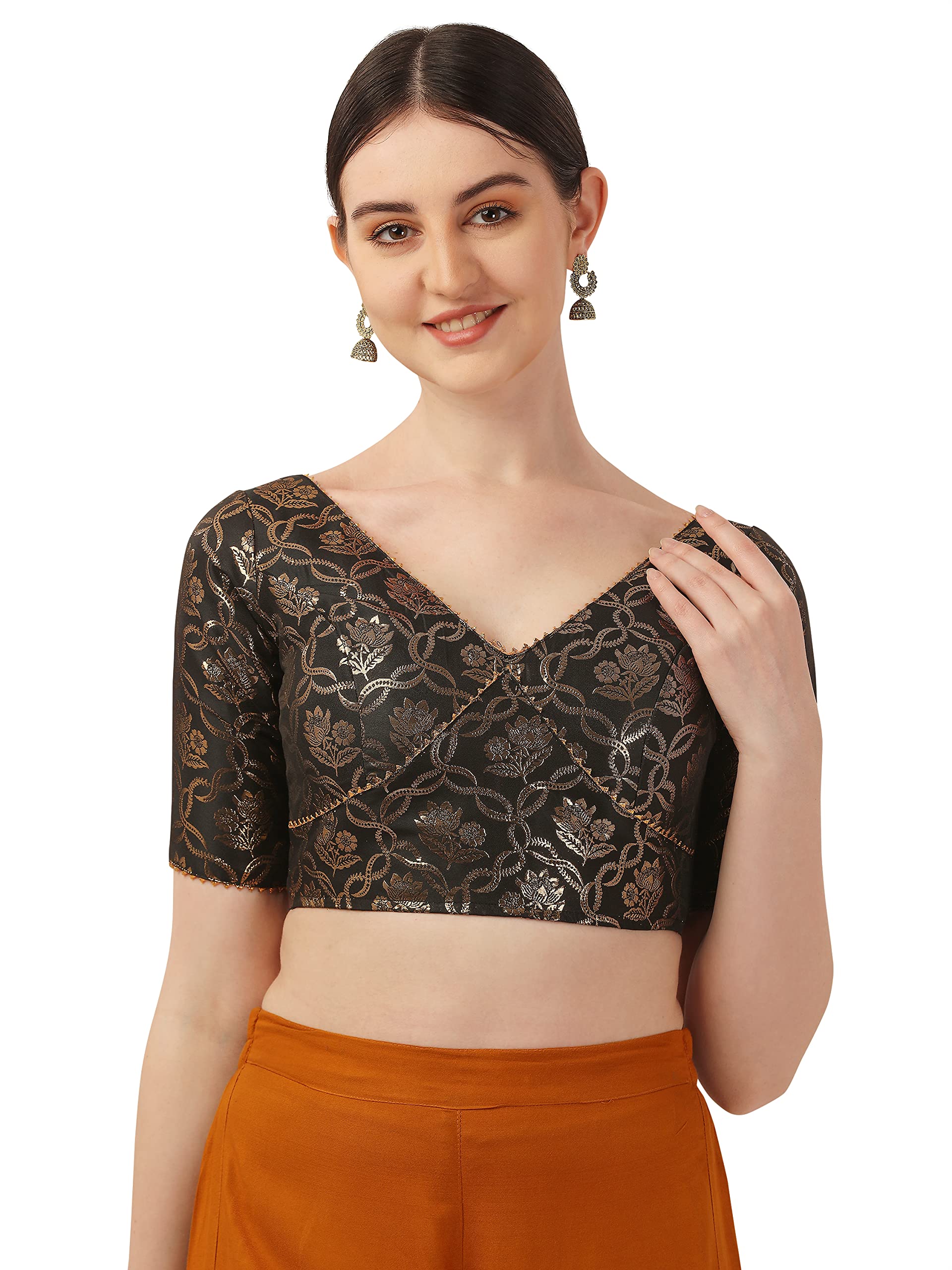 Oomph! Women's Art Silk Short Sleeve Regular Blouse (Rbbl289_Coffee Brown L)