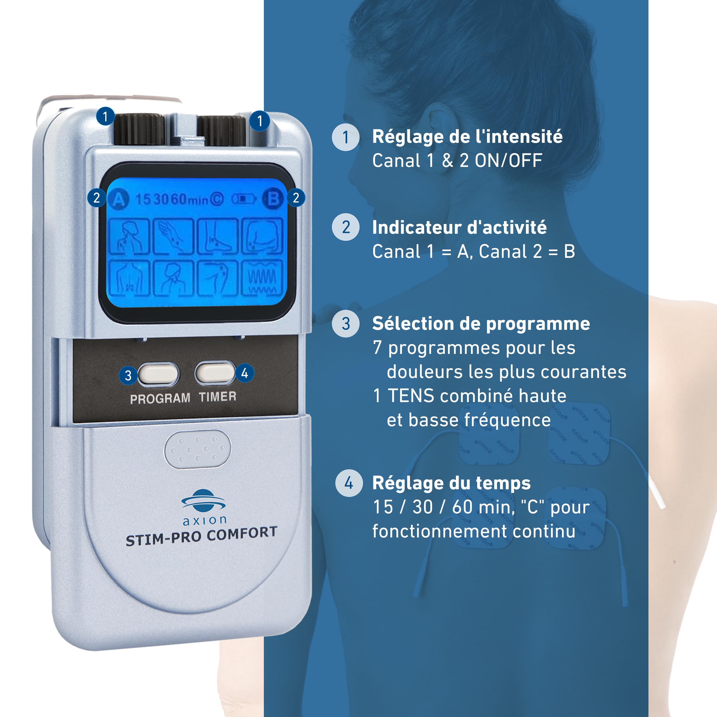axion Electrostimulateur TENS STIM-Pro Comfort | Anti-Douleur par électrostimulation | Dispositif médical certifié
