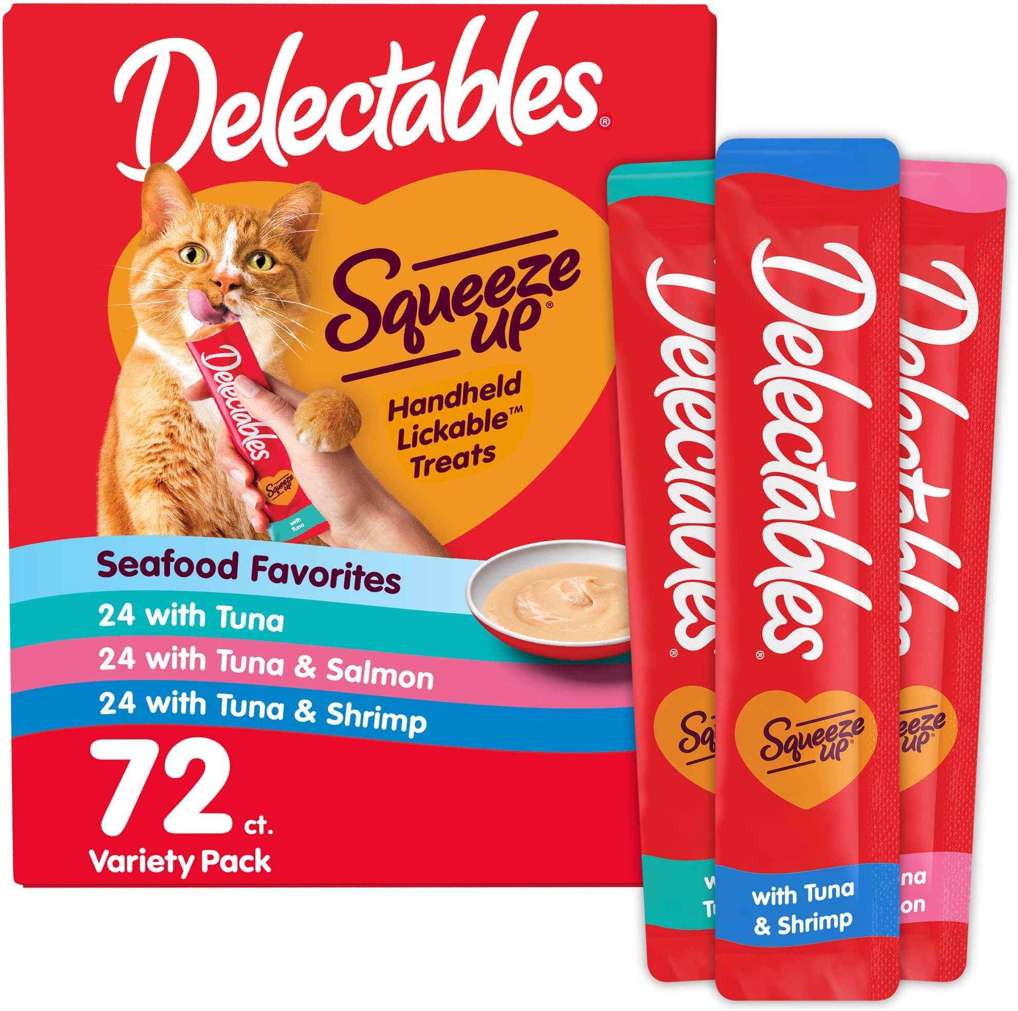 Squeeze Up Seafood Variety Pack, Creamy Squeezable Puree, Lickable Wet Cat Treats, Grain Free, No Added Fillers, No by-Products, No Added Preservatives, 0.5 Ounces Tube, 72 Tubes Total