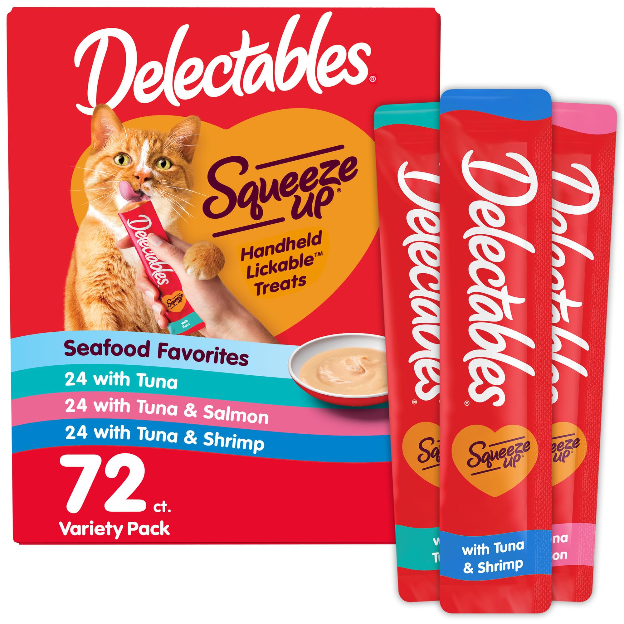 Delectables Squeeze Up Seafood Variety Pack, Creamy Squeezable Puree, Lickable Wet Cat Treats, Grain Free, No Added Fillers, No by-Products, No Added Preservatives, 0.5 Ounces Tube, 72 Tubes Total
