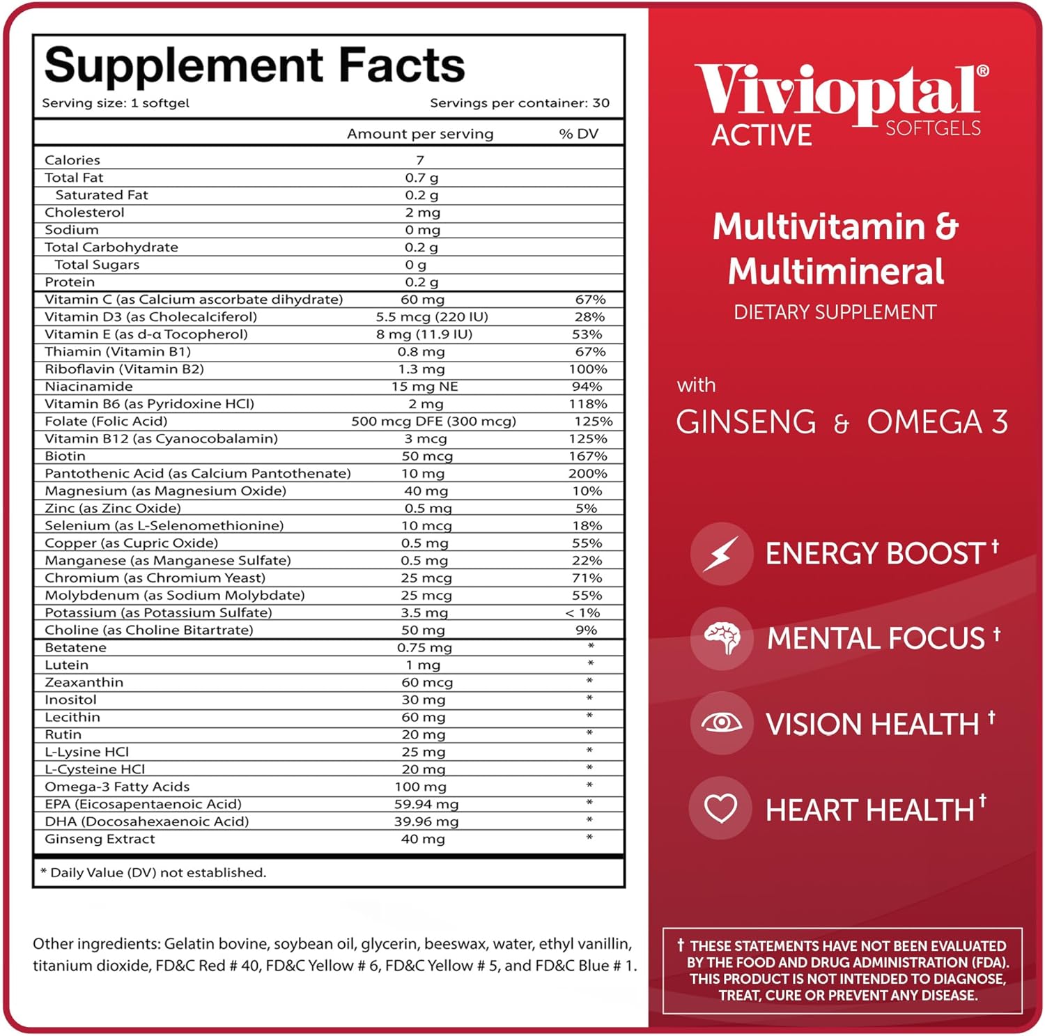 Vivioptal Active, 30 Softgels, Ginseng & Omega 3, Multivitamin & Multimineral, Gluten Free, German Formula