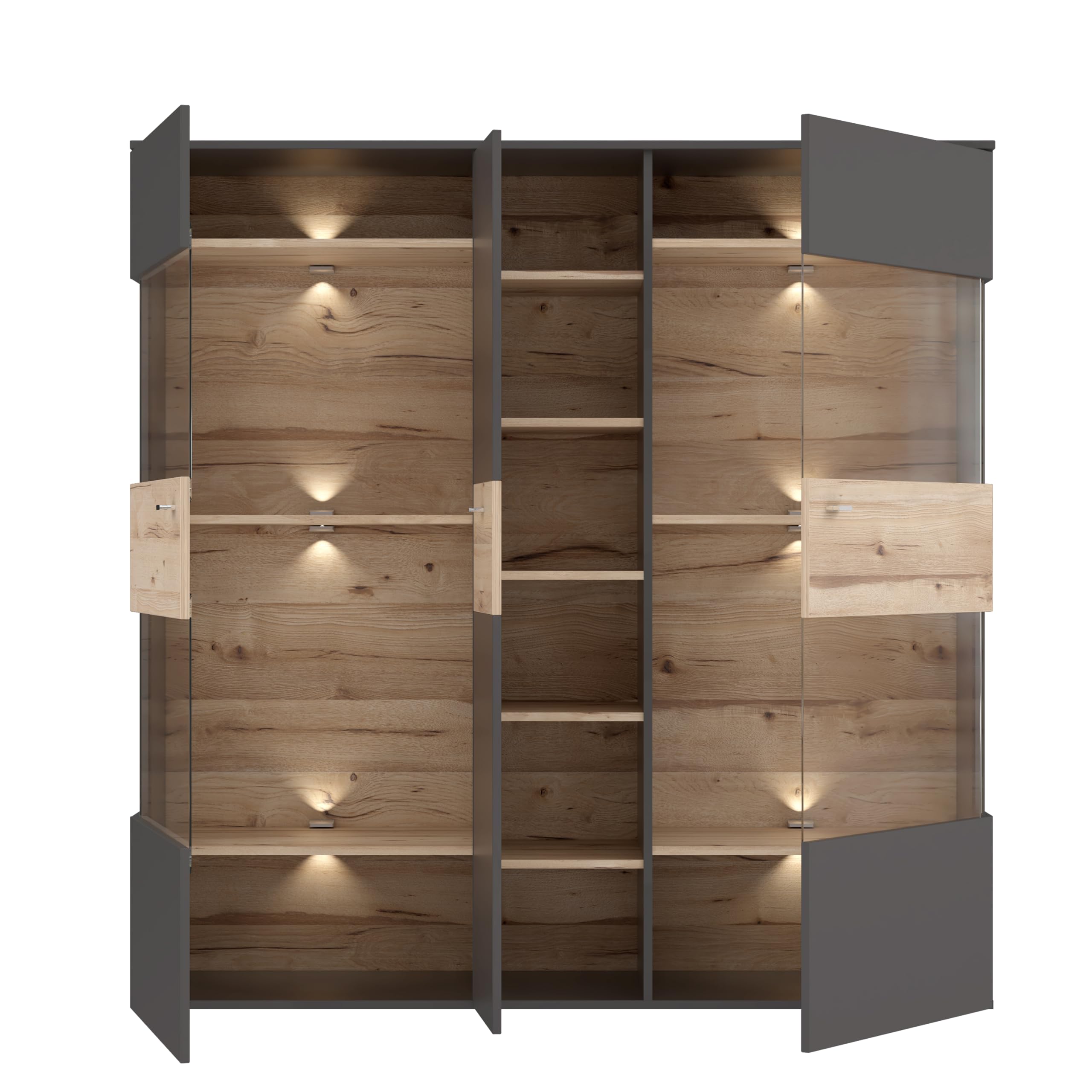 FORTE Como Highboardvitrine mit 1Tür und 2 Glastüren, Holzwerkstoff, Uni Wolfram Grau Kombiniert mit Planked Eiche, 149,8 x 152,1 x 41,3 cm