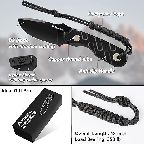 Miniatura 5 de FLISSA Cuchillo de hoja fija, cuchillo de caza de espiga completa de 7 pulgadas con funda Kydex y cuerda de emergencia, cuchillo táctico para
