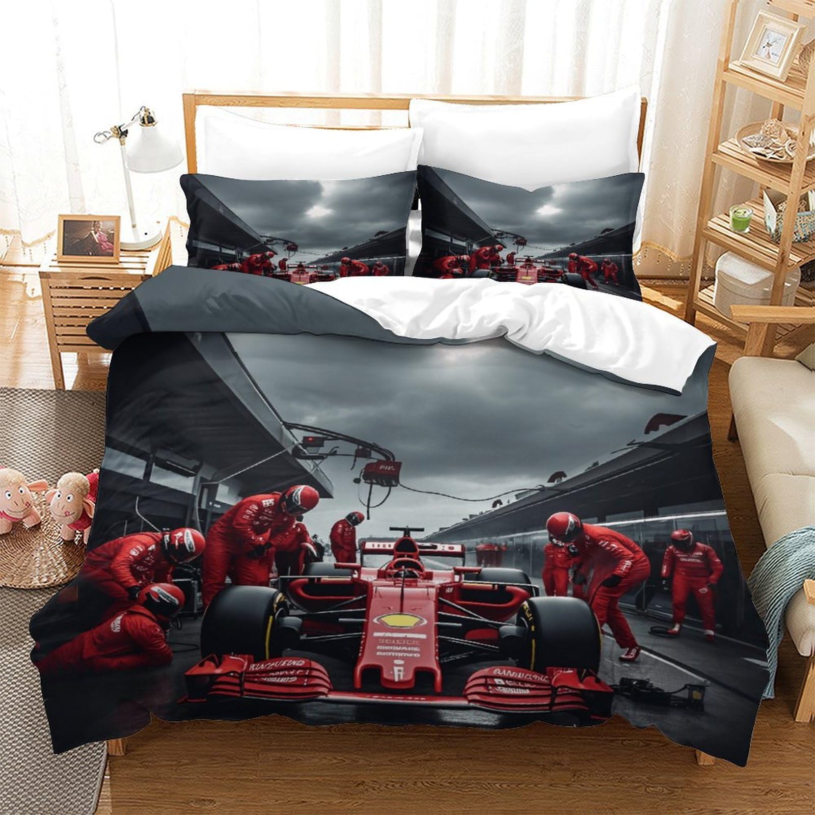 LILIlaobiao Ferrariii Bedding Set 3D Printed Formula racing Quilt Cover with Zipper Closure Luxe Duvet Cover with Pillowcase Microfiber for Childrens And Adults Double（200x200cm）