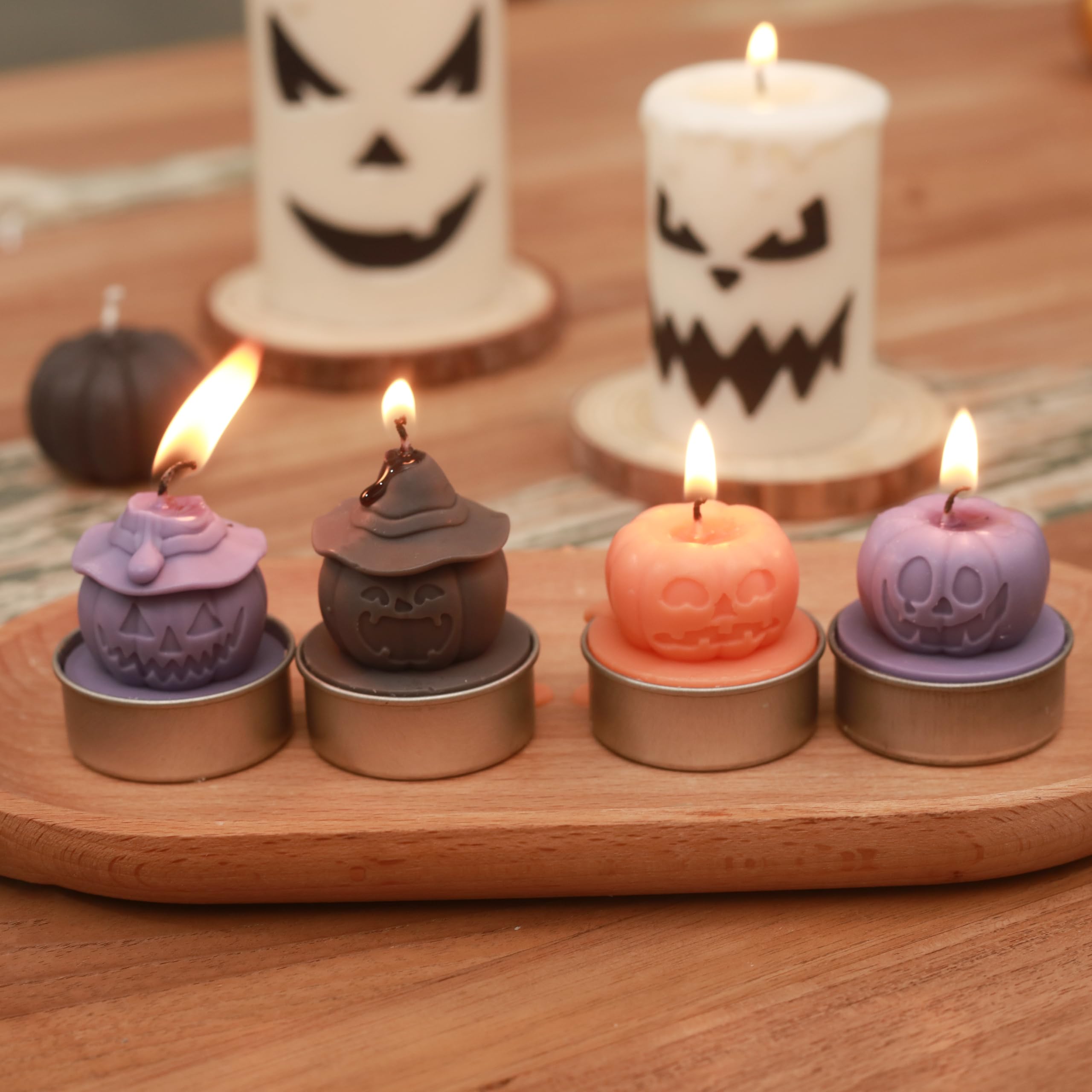 BOOWAN NICOLE Gruseliger Kürbis Teelicht Kerze Silikonform mit 5 Teelichtbechern,Kerzenformen zum Gießen Set für Halloween Dekor Kerzenherstellung (LZ0727-732+A0305*30)