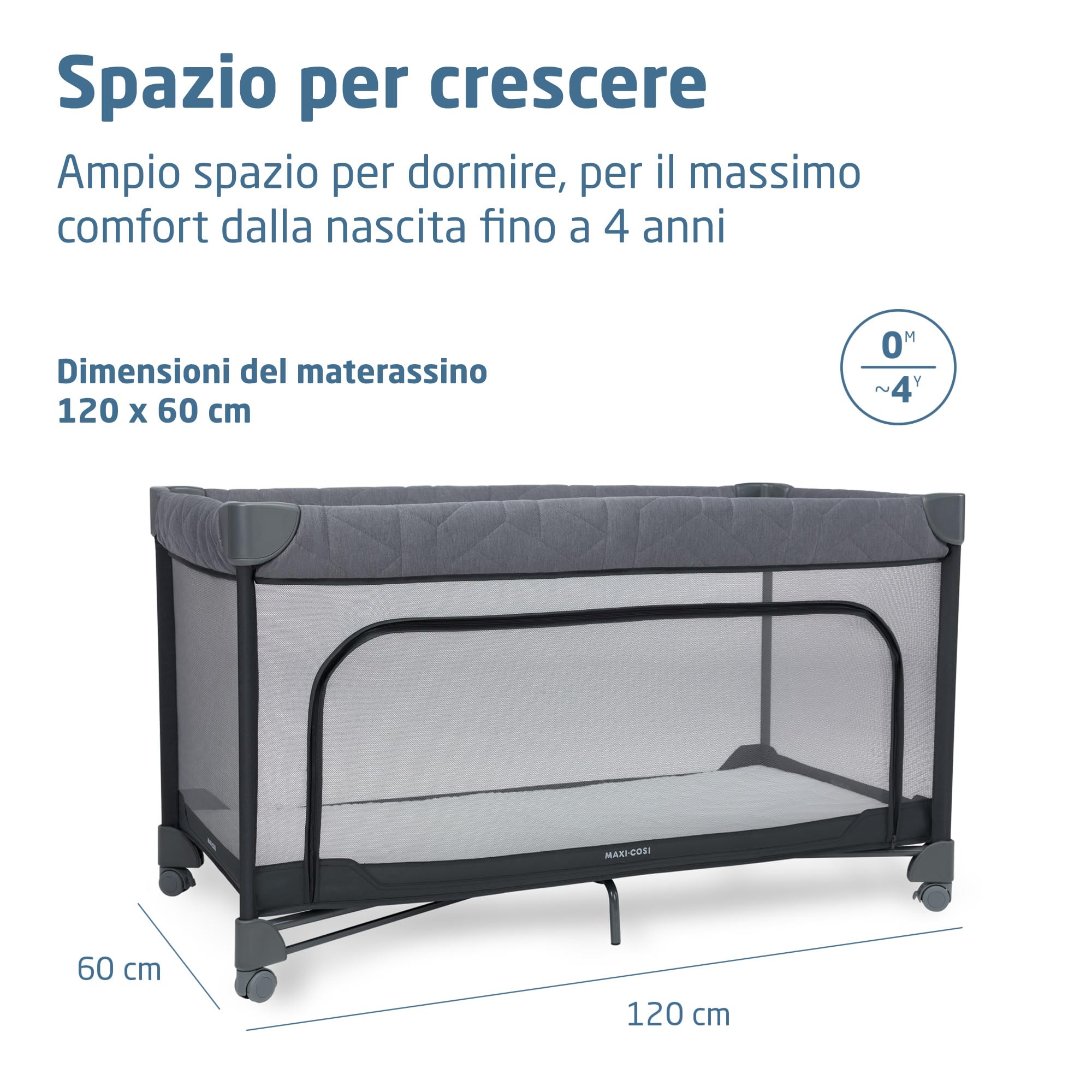Maxi-Cosi Merlin, 2 in 1 Culla da Campeggio Neonato & Area Giochi, 0-4 Anni, 0-18 kg, Lettino da Viaggio Bambini, Chiusura in 1 Secondo, Materasso 120x60 cm, Finestra Laterale, Elegance Graphite