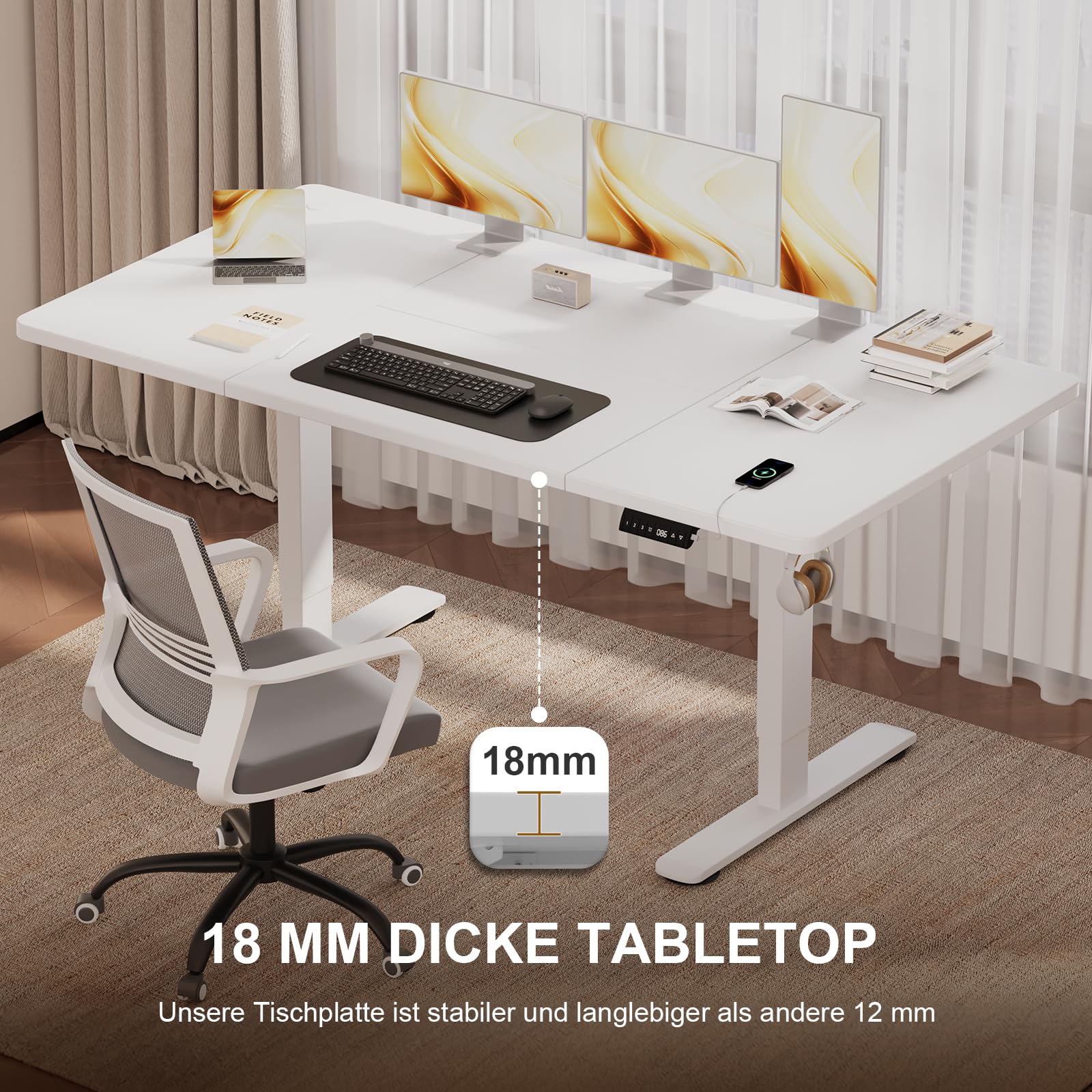 Jummico Höhenverstellbarer Schreibtisch 140 x 70 cm mit Kabelwanne – Bild 8