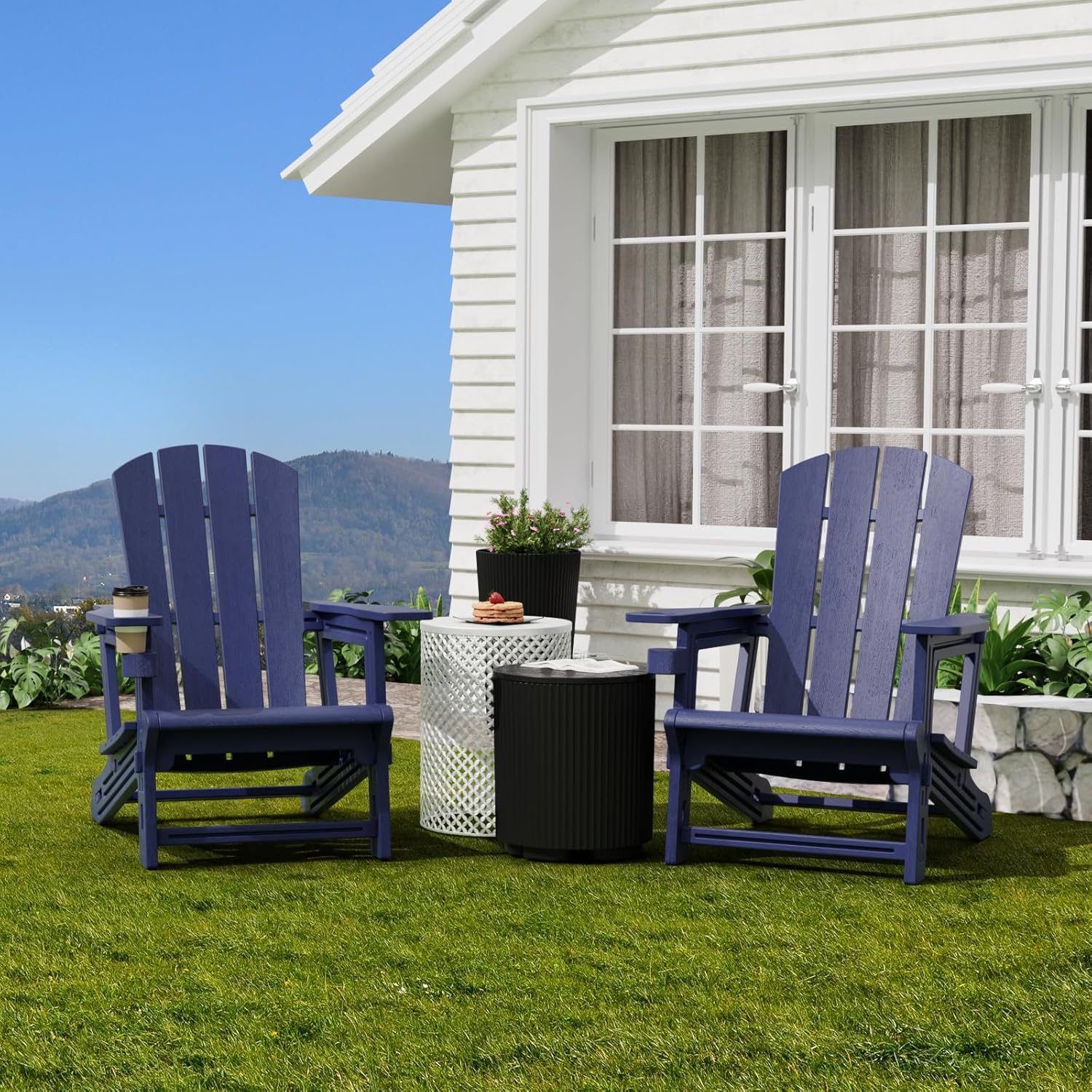 Adirondack Chair，Plastic Outdoor Chairs Without Screws Install，Patio Adirondack with Cup Holder，400 LBS Capacity Recliner Chair Garden Chair for Backyard Lawn Beach Navy Blue