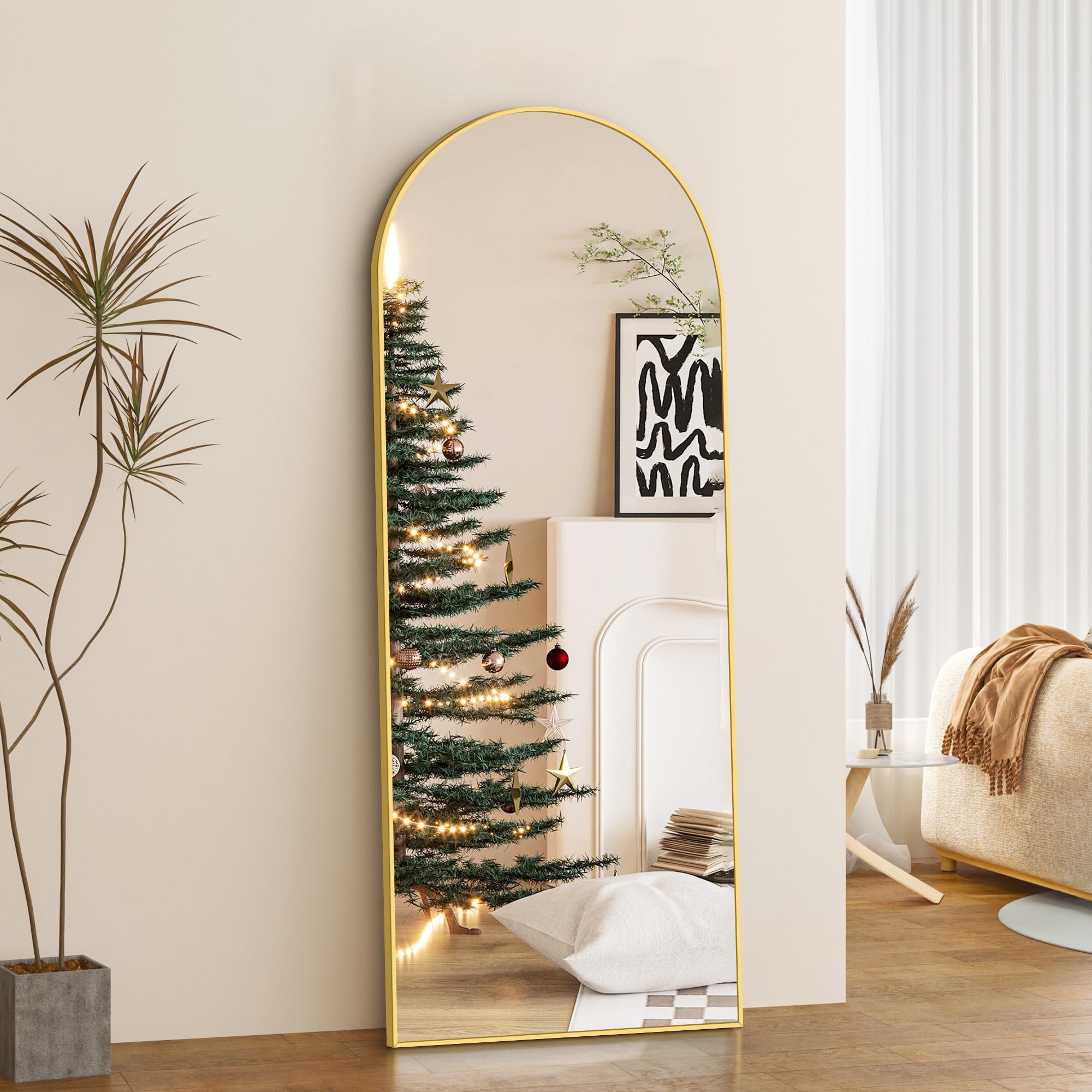 COFENY Specchio da Terra ad Arco, Specchio da Parete Grande con Cornice in Alluminio 165 x 60 cm, Specchio da Terra da Appoggiare o Appendere per Soggiorno, Camera da letto, Soggiorno, Ingresso, Oro