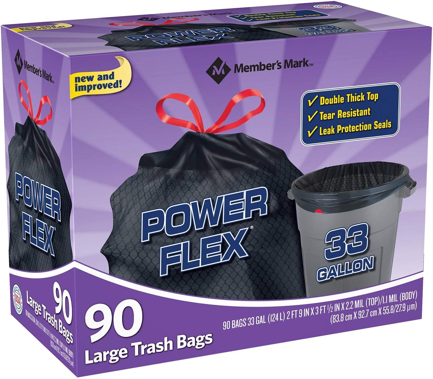 Member's Mark Power Flex 33-Gallon Large Trash Bags, 90 ct.