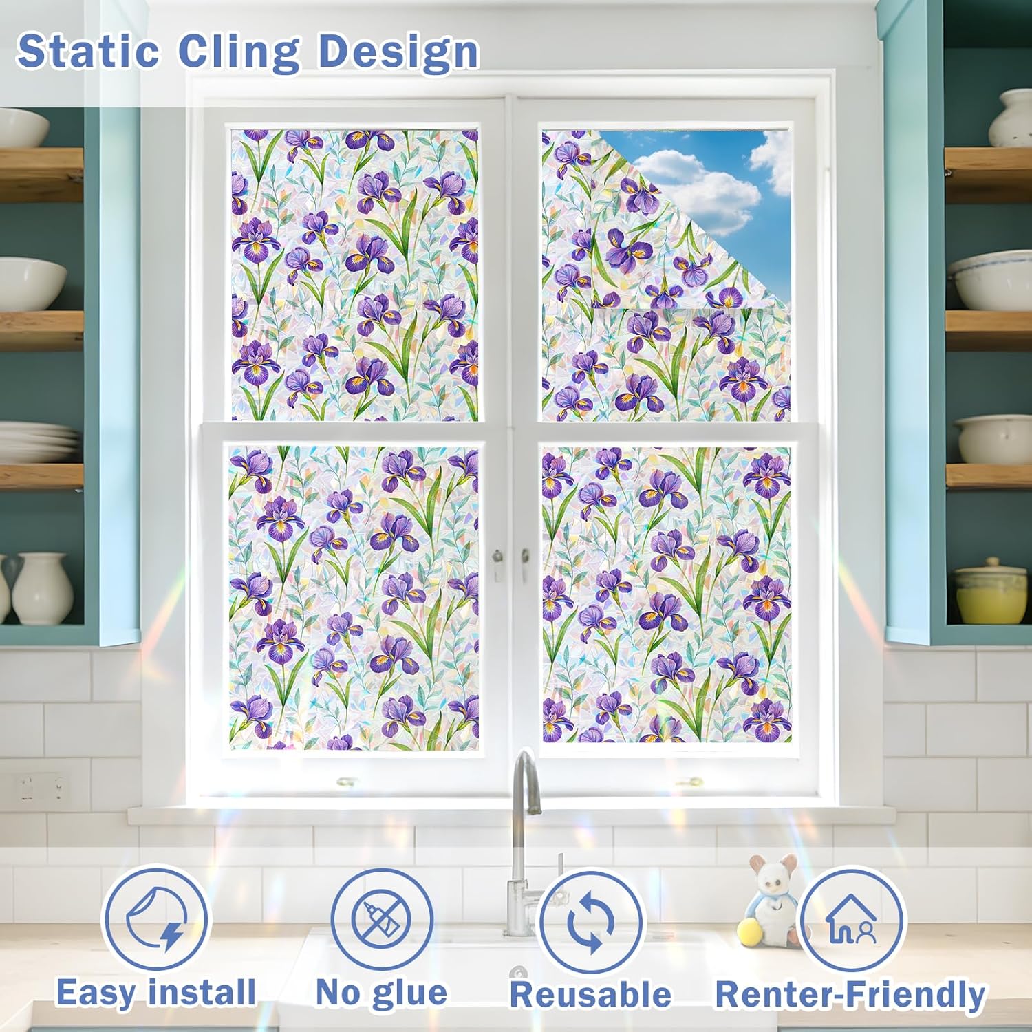 Stained Glass Window Film, Rainbow Privacy, One Way Decorative Tint, Static Cling, Renter Friendly for Home Bathroom Door
