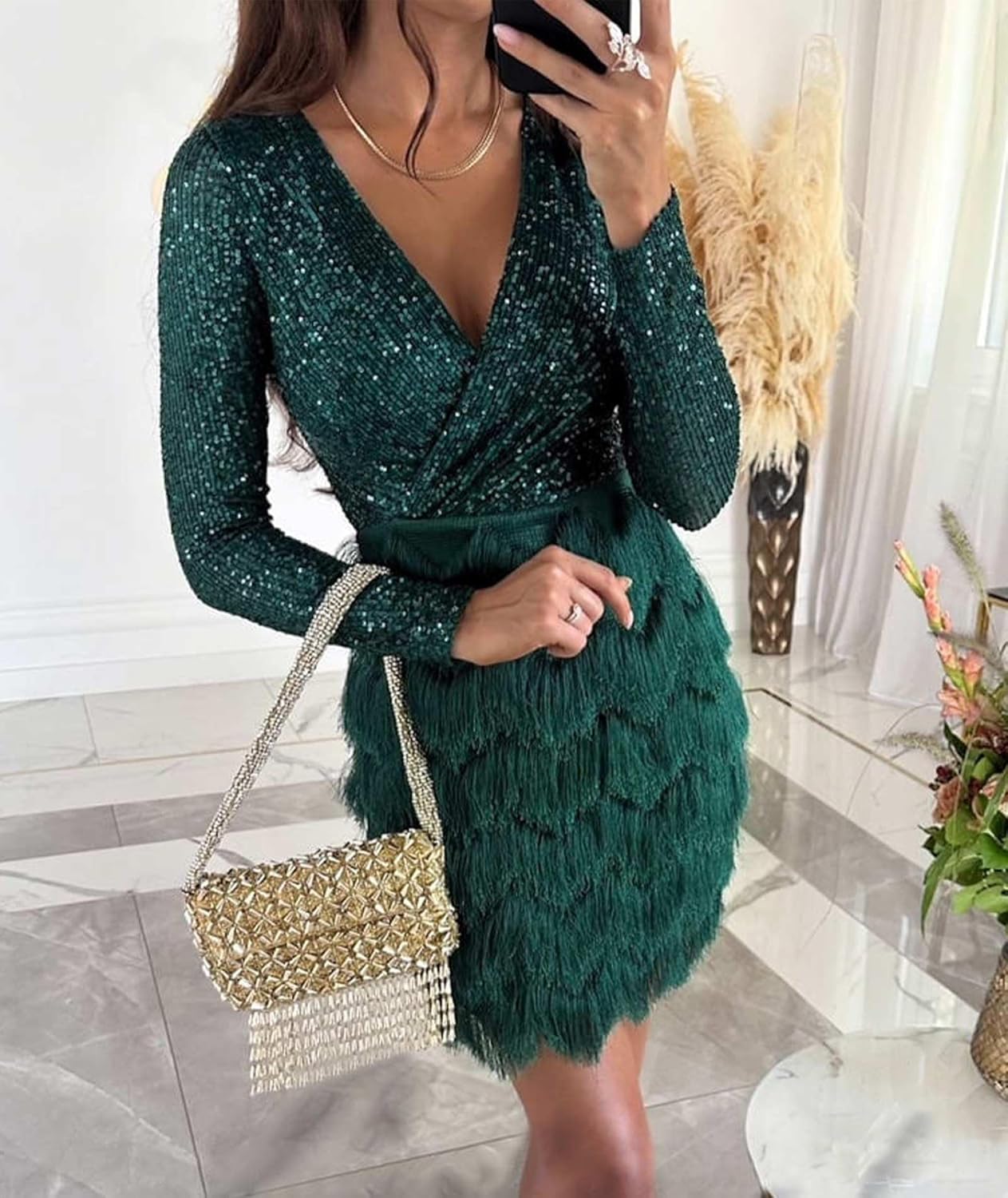 SEMATOMALA Women's Wrap V Neck Long Sleeve Pencil Mini Dress Sequin Top Fringe Skirt Flapper Cocktail Short Dress - Image 2