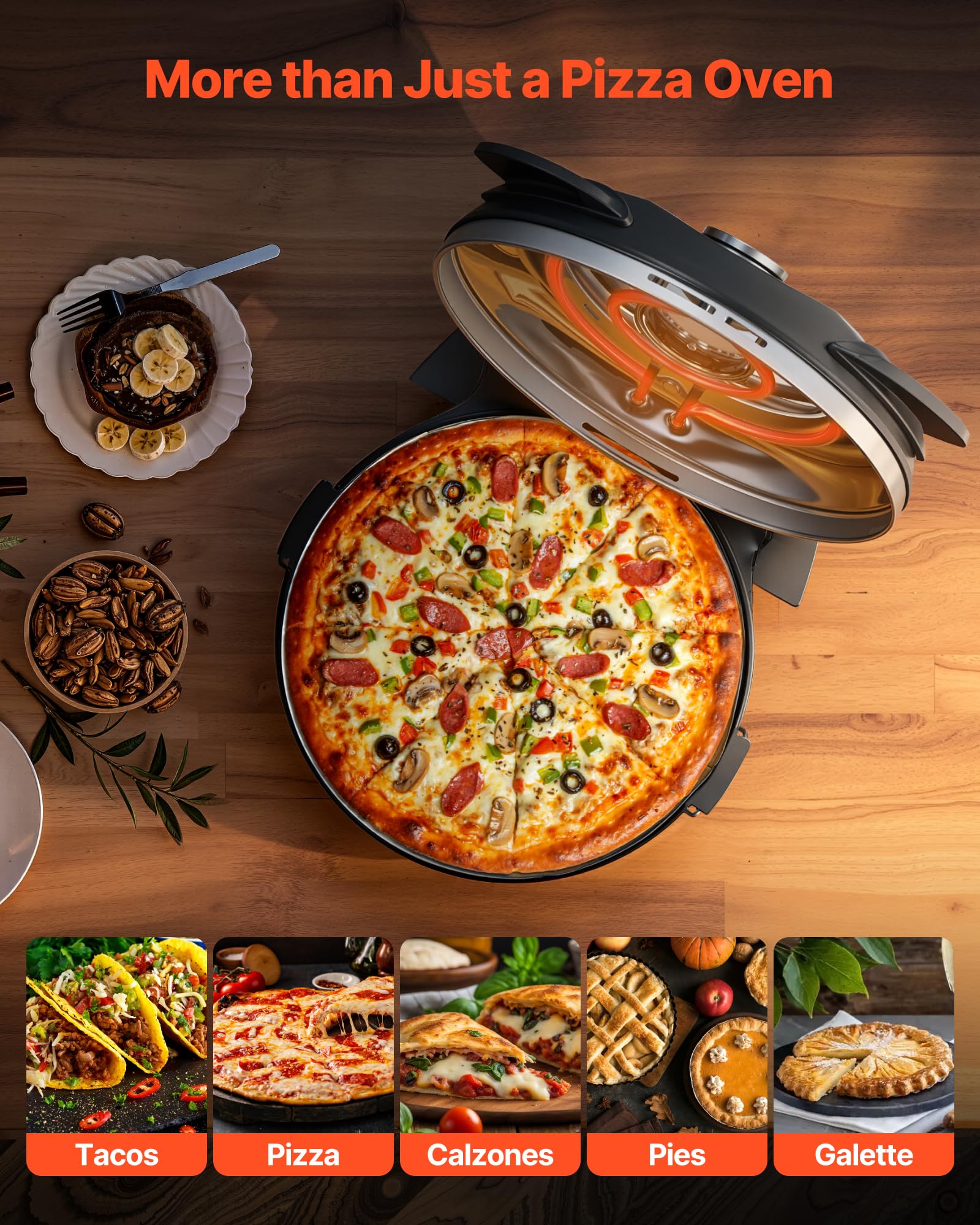 VEVOR Pizzaofen elektrischer Pizzamaker 1200 W Pizzakocher mit Cordieritstein, 5-stufige Temperaturregelung, Sichtfenster für präzises Kochen, erhitzt bis zu 420 °C, Backofen für Zuhause schwarz