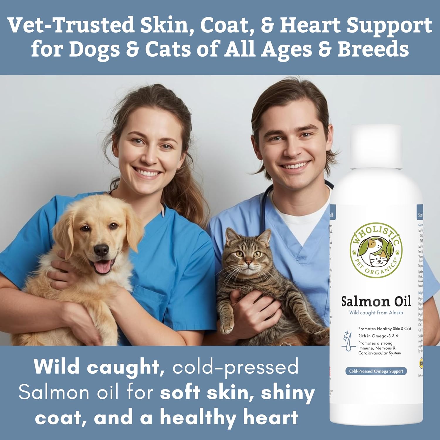 Wholistic Pet Organics Wild Alaskan Salmon Oil for Dogs and Cats - Omega 3 Fish Oil for Dogs & Cats - Cat & Dog Skin and Coat Supplement for Heart, Joints - DHA, EPA Omega 3 Liquid Food Topper - 8 oz