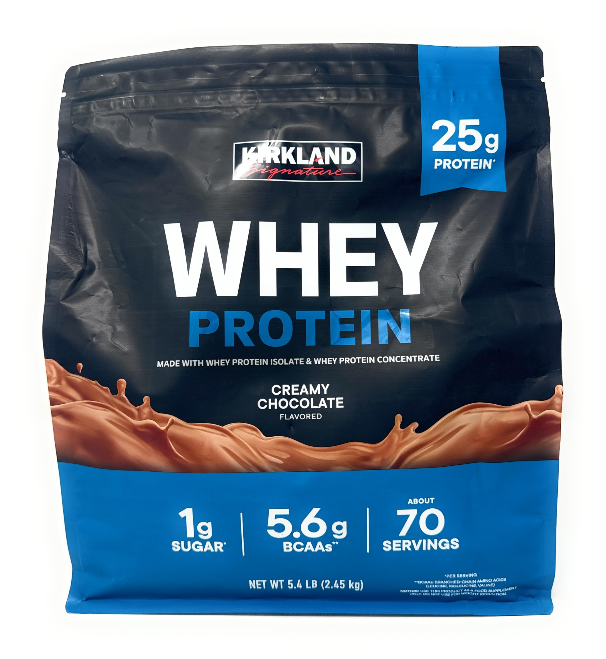 Kirkland Signature Whey 25g Protein,1g sugar,5.6g BCAAs,about 70 Servings Creamy Chocolate Flavorted